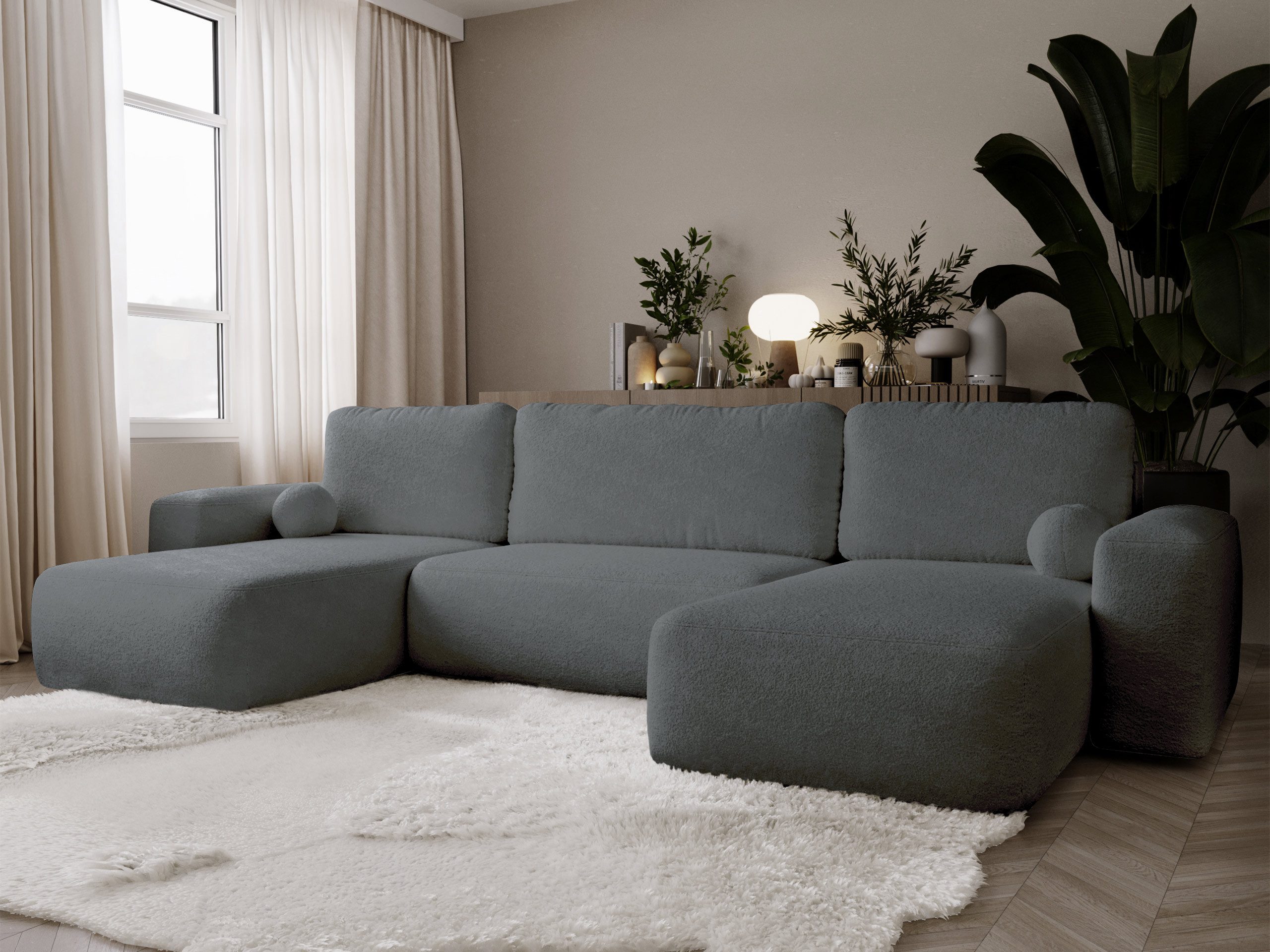 MIRJAN24 Wohnlandschaft Filo U, mit Bettkasten und Schlaffunktion, 374x177x94 cm, Rund Dekokissen