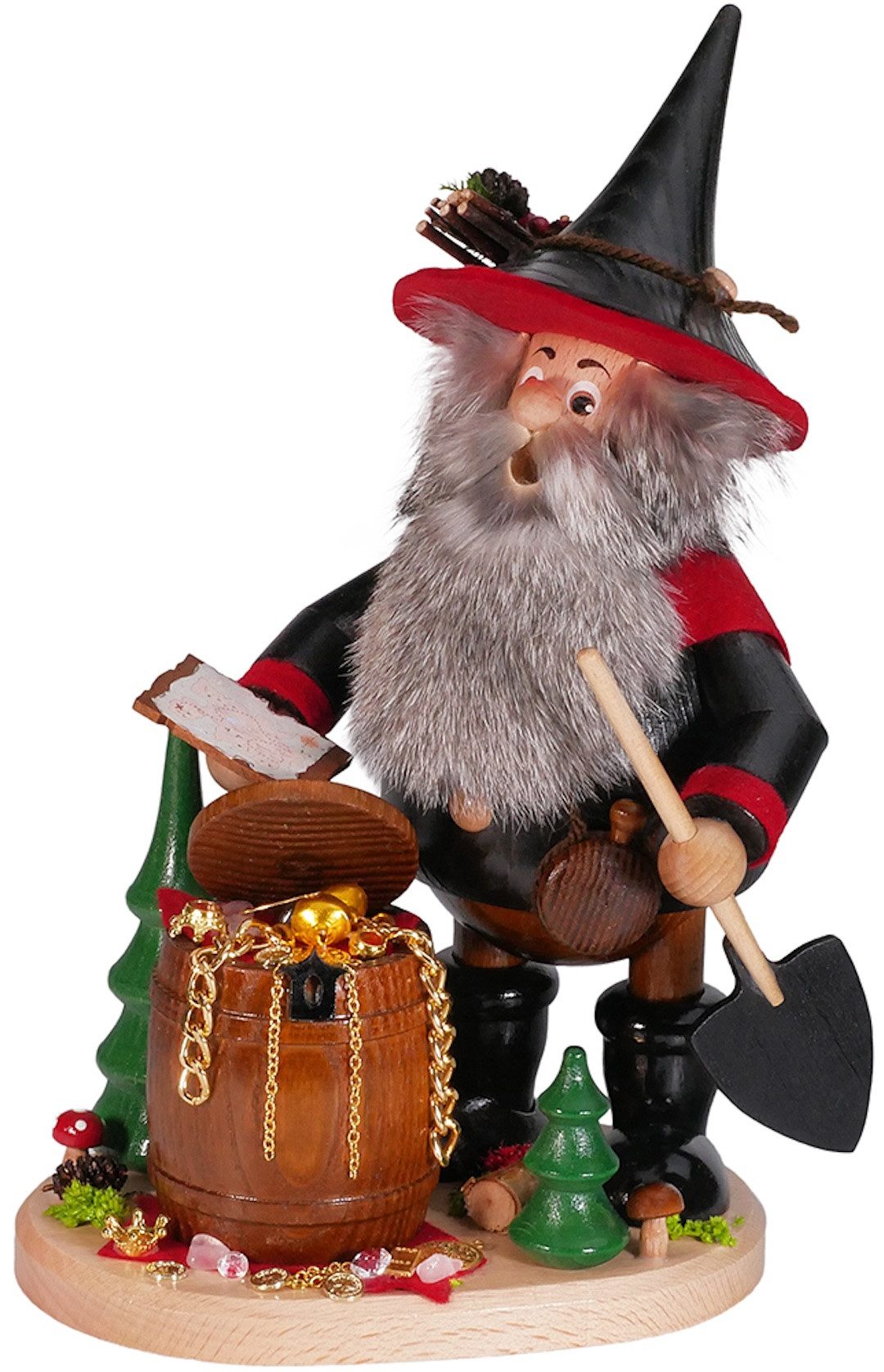 DWU - Drechselwerkstatt Uhlig Räuchermännchen DWU Räuchermann Räuberwichtel mit Goldfass schwarz/rot, (1 St), Handarbeit aus dem Erzgebirge
