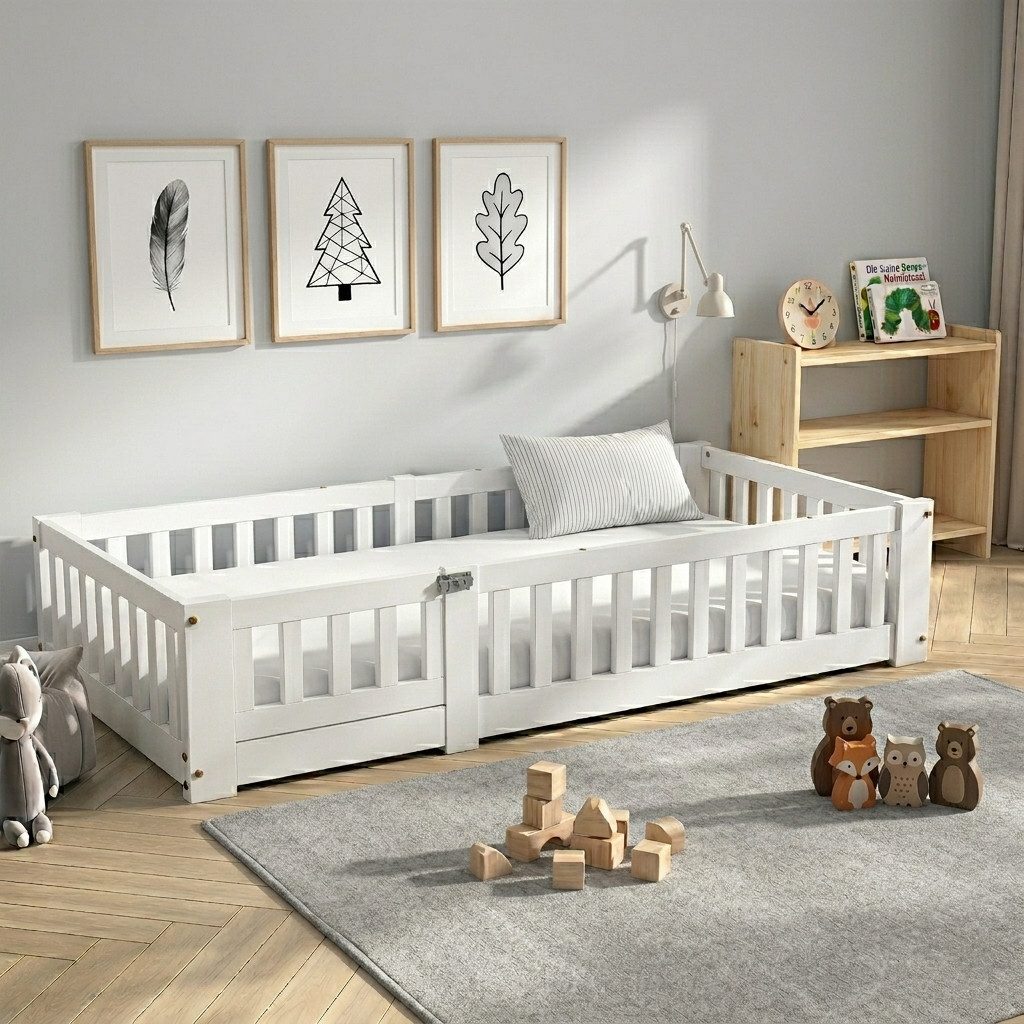 Simurq Einzelbett Kinderbett Einzelbett Bodenbett Montessori-Bett (Inklusive Lattenrost, Keine Matratze), Sicherheitsgitter, Kiefernholz, Weiß, 80x160 cm