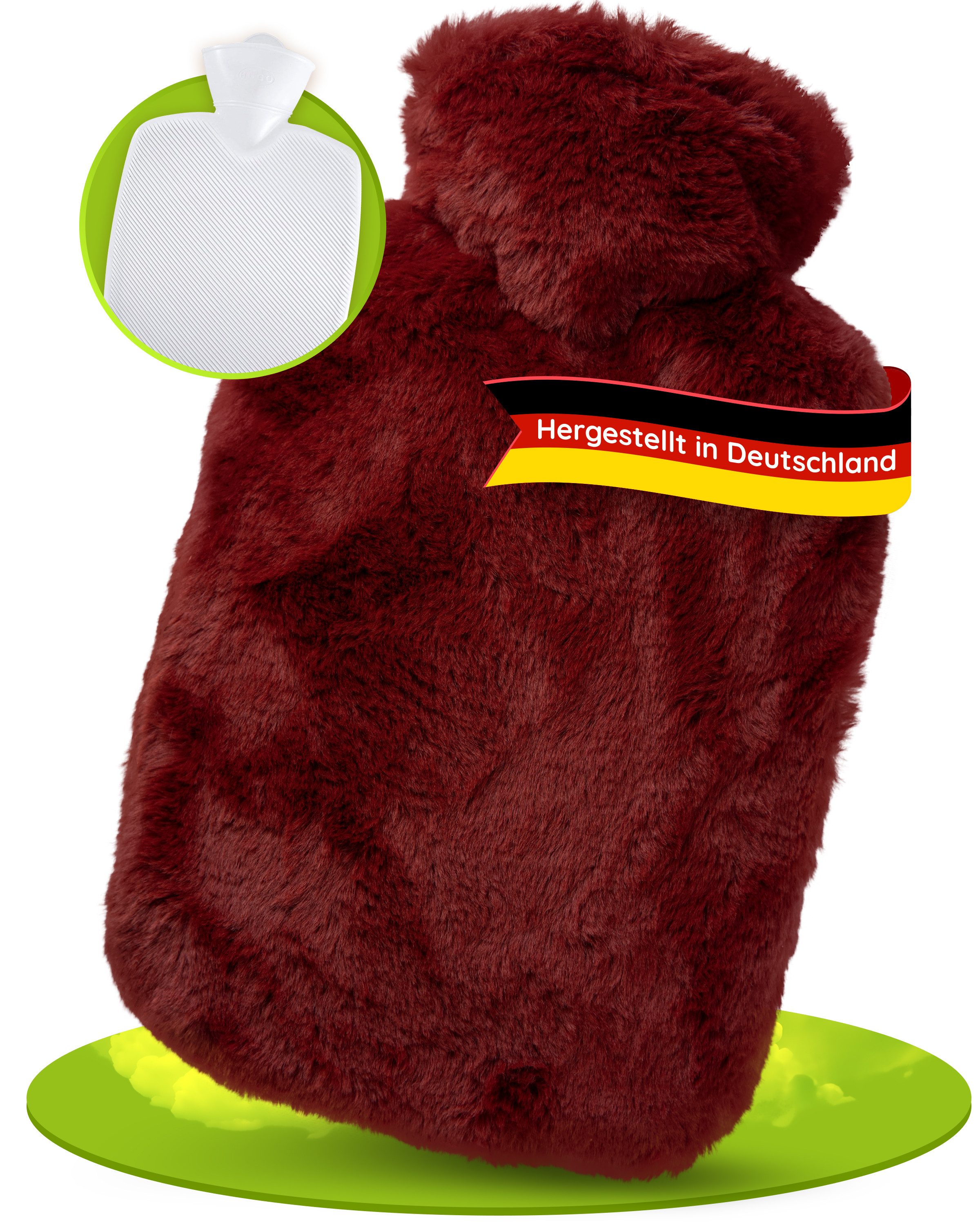 Hugo Frosch Wärmflasche Klassik 1,8 l Made in Germany mit Bezug Langhaar-Flausch, Herbstrot - langlebige Bettflasche, waschbarer Überzug