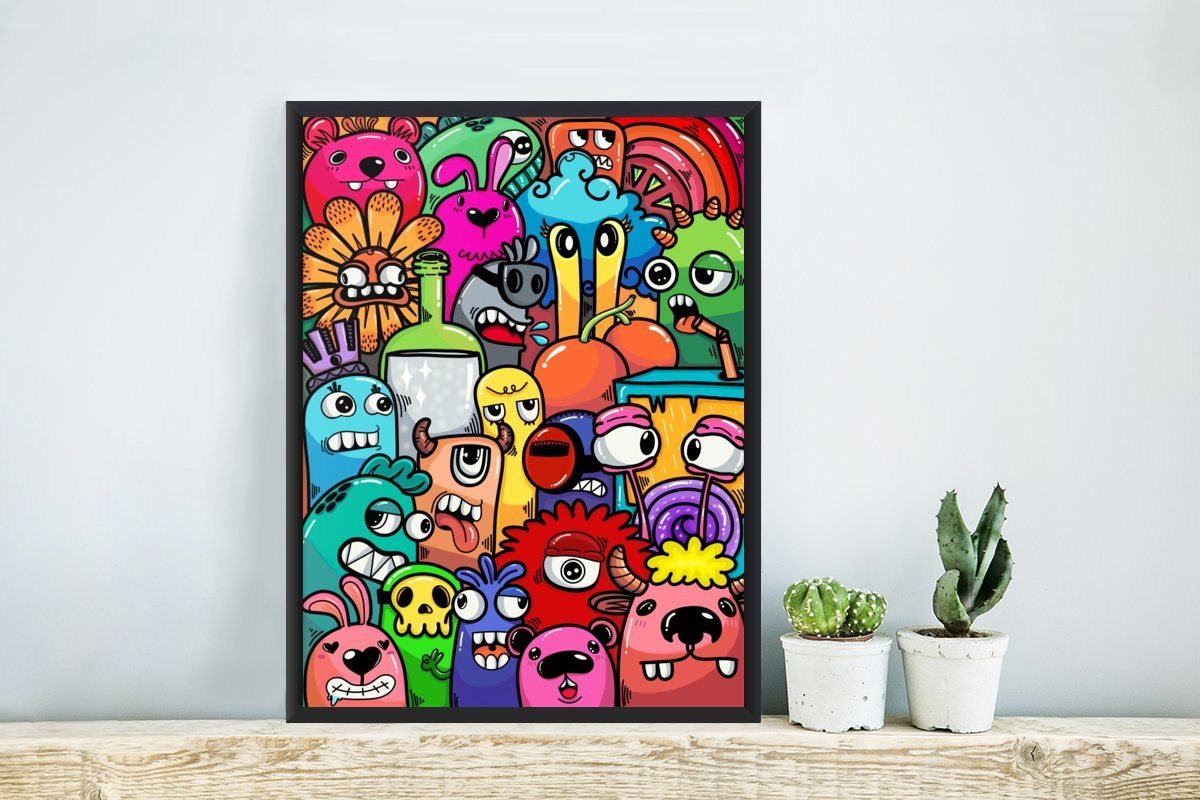 Tiere Bilderrahmen - Schwarzem - Rahmen, mit - Poster, Monster Poster Kunstdruck, Lustig Design - Kind, Gerahmtes MuchoWow - Regenbogen (1 St),