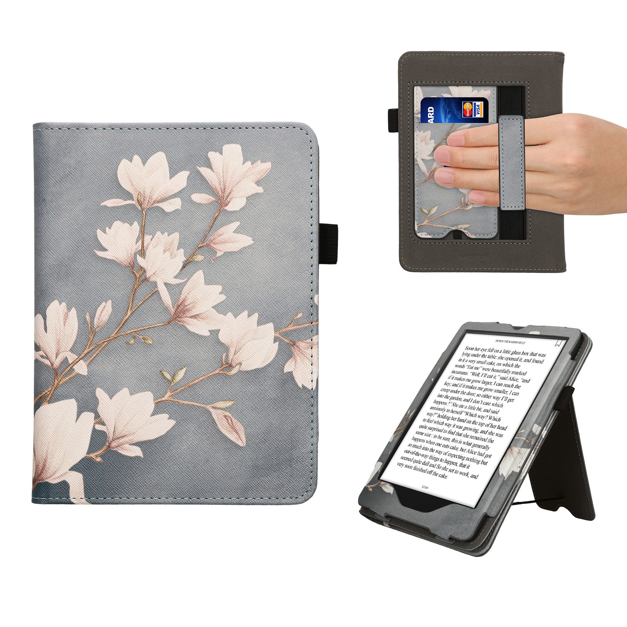 kwmobile E-Reader-Hülle Flip Hülle für Amazon Kindle Paperwhite 11. Generation 2021 Hülle, Handschlaufe in Magnolien Design
