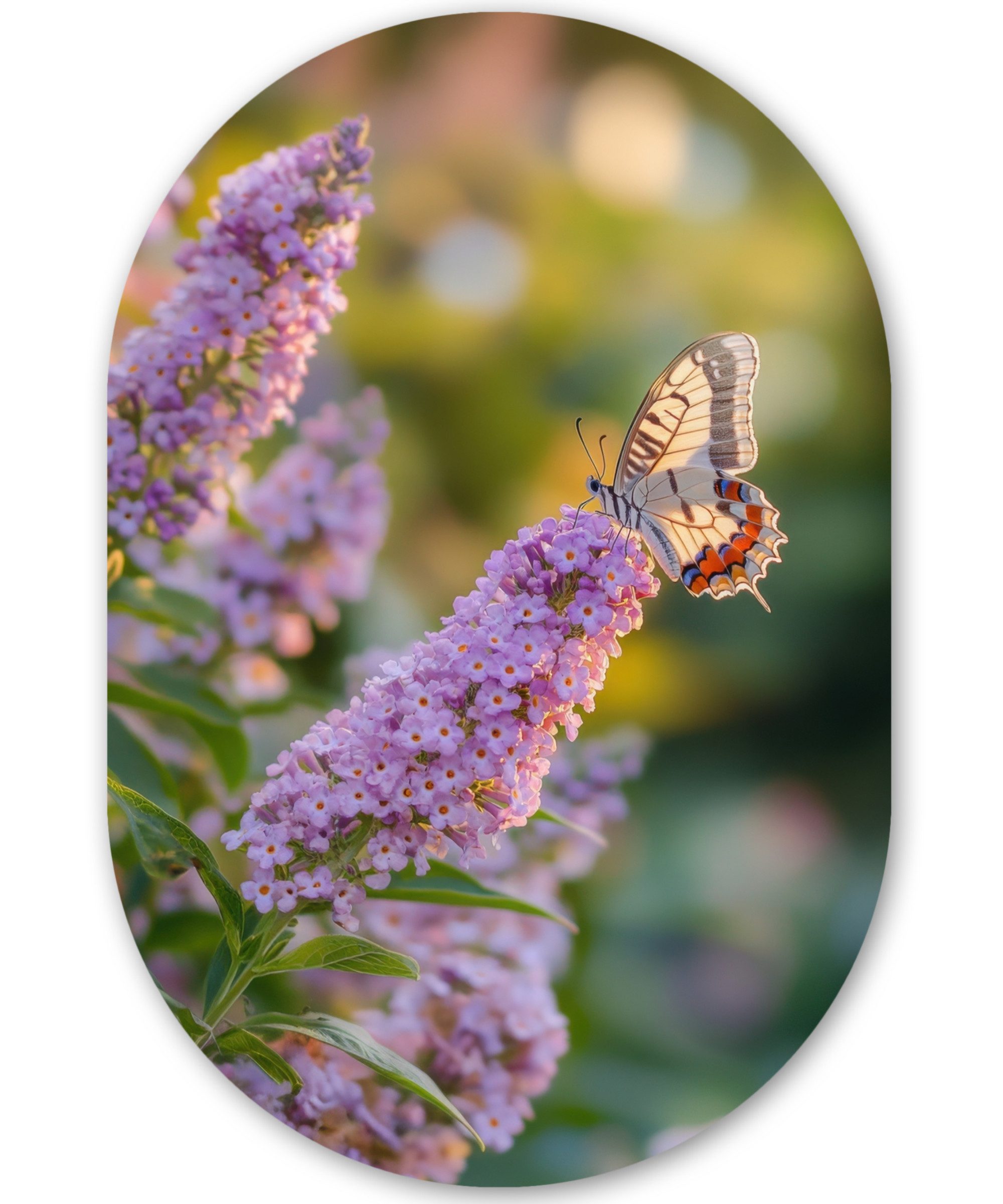 MuchoWow Gemälde Verschnörkelt - Schmetterling - Lila - Blumen, Fotodruck (1 St), Wandbild Oval, Wohnzimmer oder Schlafzimmer Wanddekoration, 40x60 cm