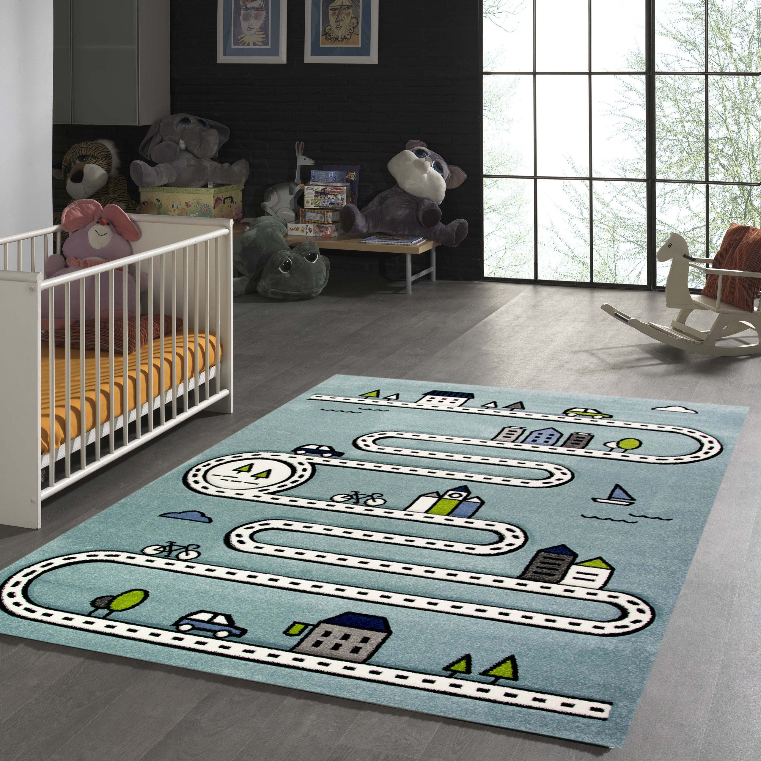 TeppichHome24 Kinderteppich Kinderteppich mit Straßen und Häusern in Türkis, rechteckig, Höhe: 1.5 mm
