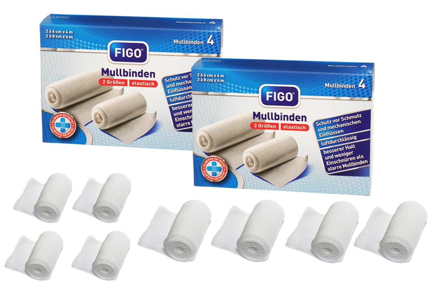 FIGO Bandage 8 Stück elastisch Fixierbinde Mullbinden 4er in Faltschachtel (Set, 8-tlg., elastische Fixierbinden), Mullbinde Fixierbinde Bandage Komfortverband