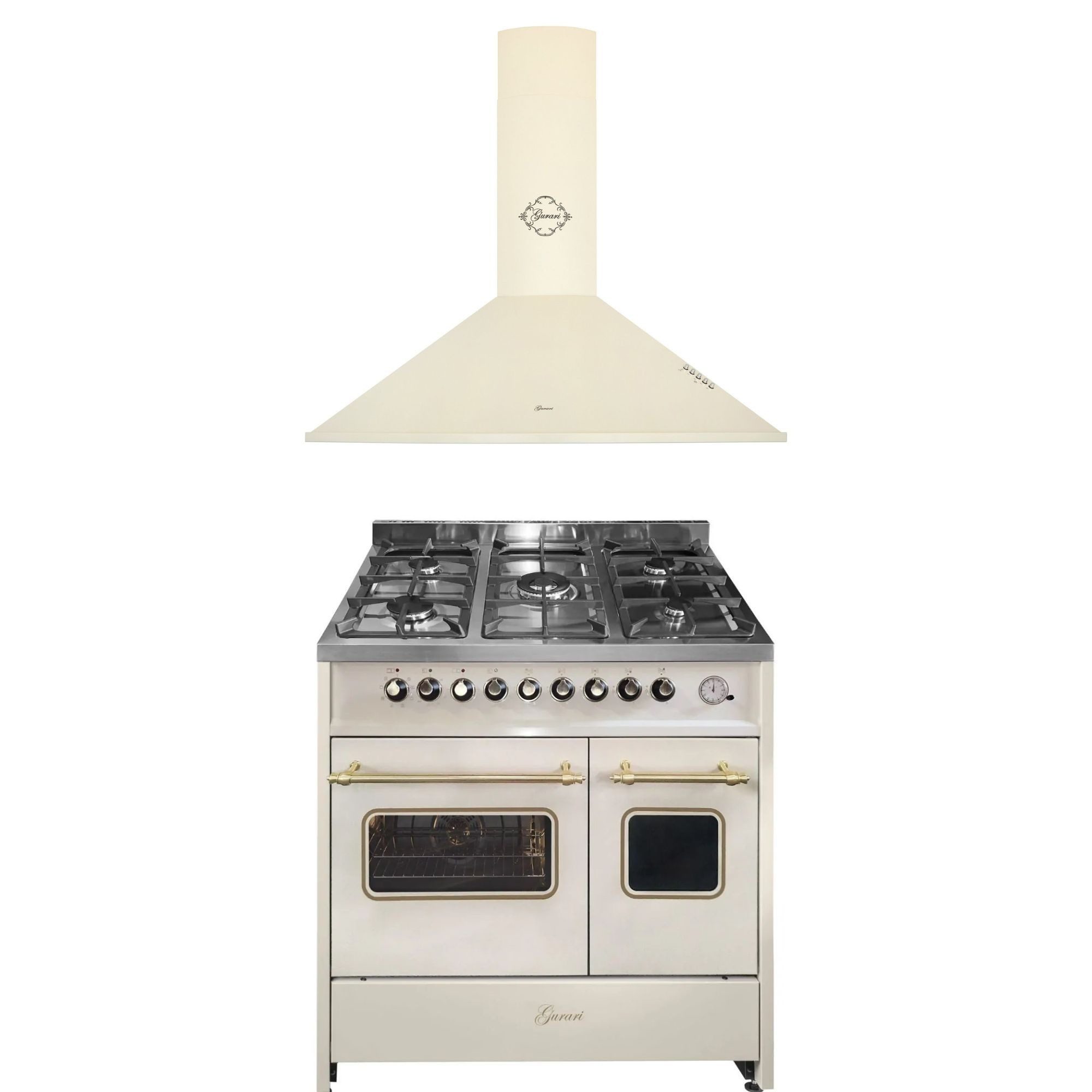 GURARI Gas-Standherd Retro-Design Creme Gas Elektro Standherd 90 cm Range Coocker mit Dunstabzugshaube 90cm 1000m³/h GCH E 916 Cr R+GCH C 046 BG 9, mit 1-fach-Teleskopauszug