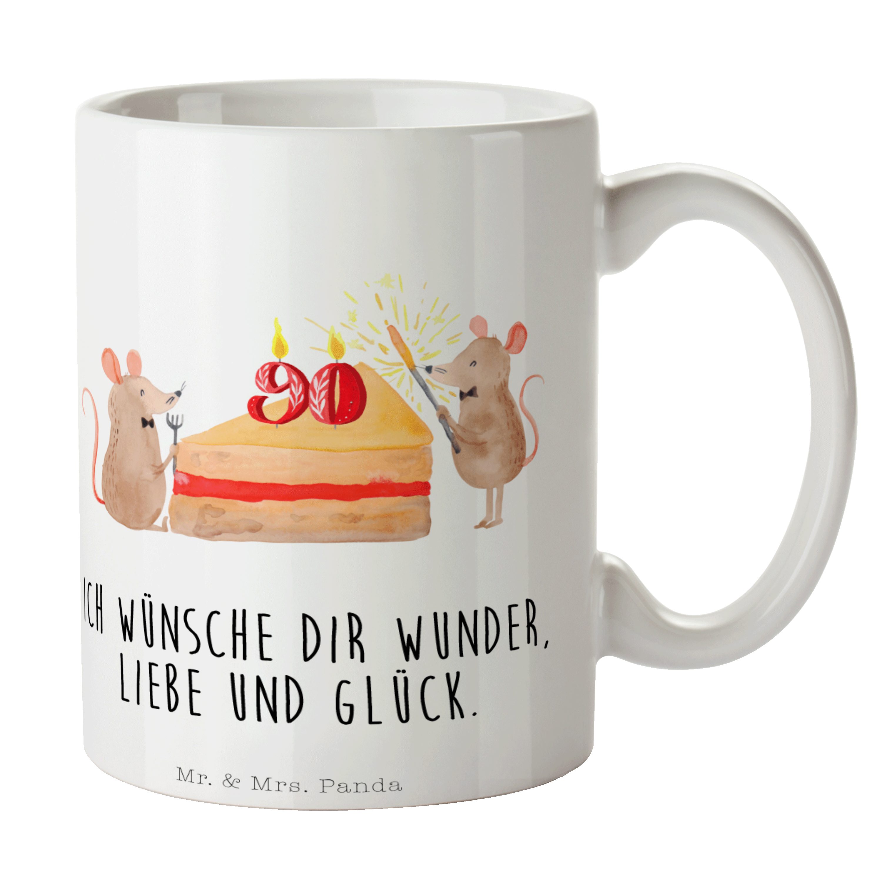 Tasse Mr. Keramik Mo, Kuchen Weiß - Kaffeebecher, Panda - 90. Tasse Geburtstag Geschenk, Mäuse & Mrs.