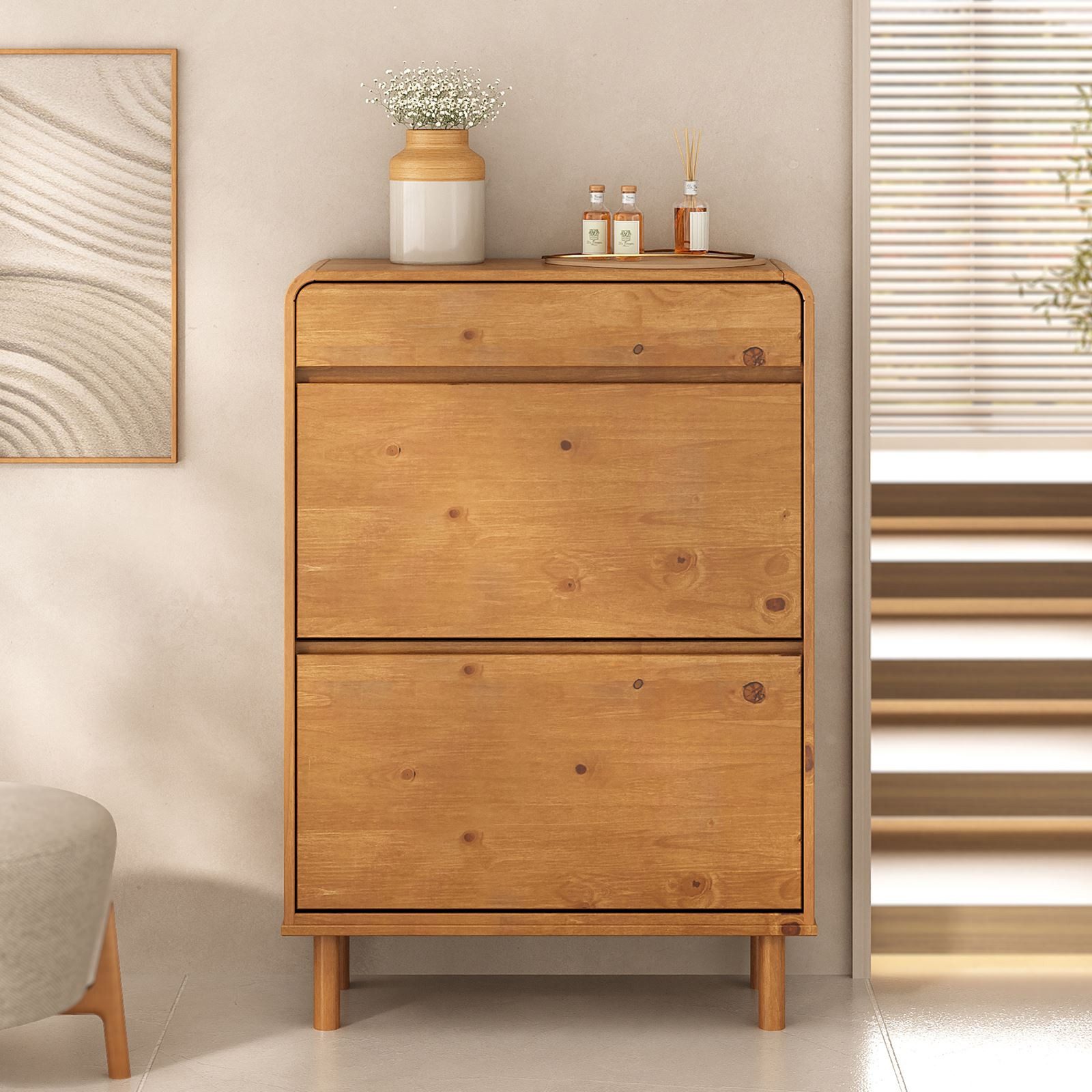 IDIMEX Schuhkommode NAEL, Schuhregal schmal Massivholz mit 2 Klappen & Schublade Eiche farben