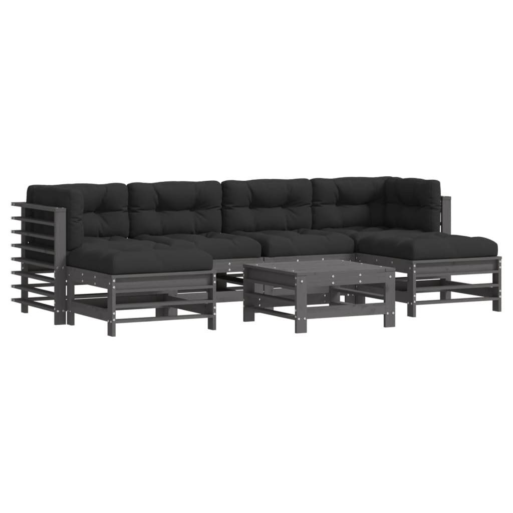 vidaXL Gartenlounge-Set 7-tlg. Garten-Lounge-Set mit Kissen Grau Massivholz, (7-tlg)