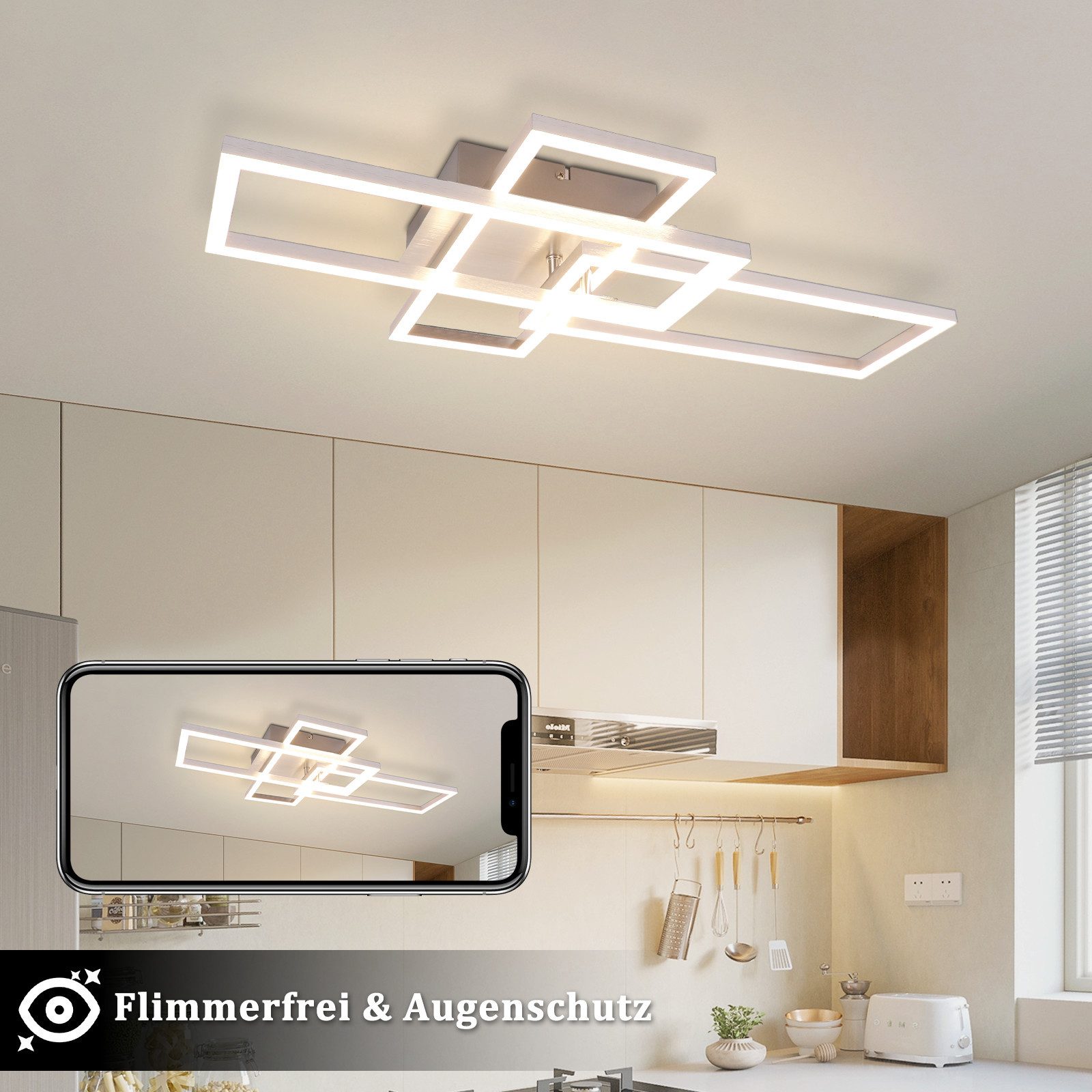 Nettlife LED Deckenleuchte Schlafzimmer Silber Dimmbar 64CM 36W Geometrisch Wohnzimmer, mit Fernbedienung, LED fest integriert, Farbwechsler, 3000K-6500K mit Fe – Bild 4 von 5