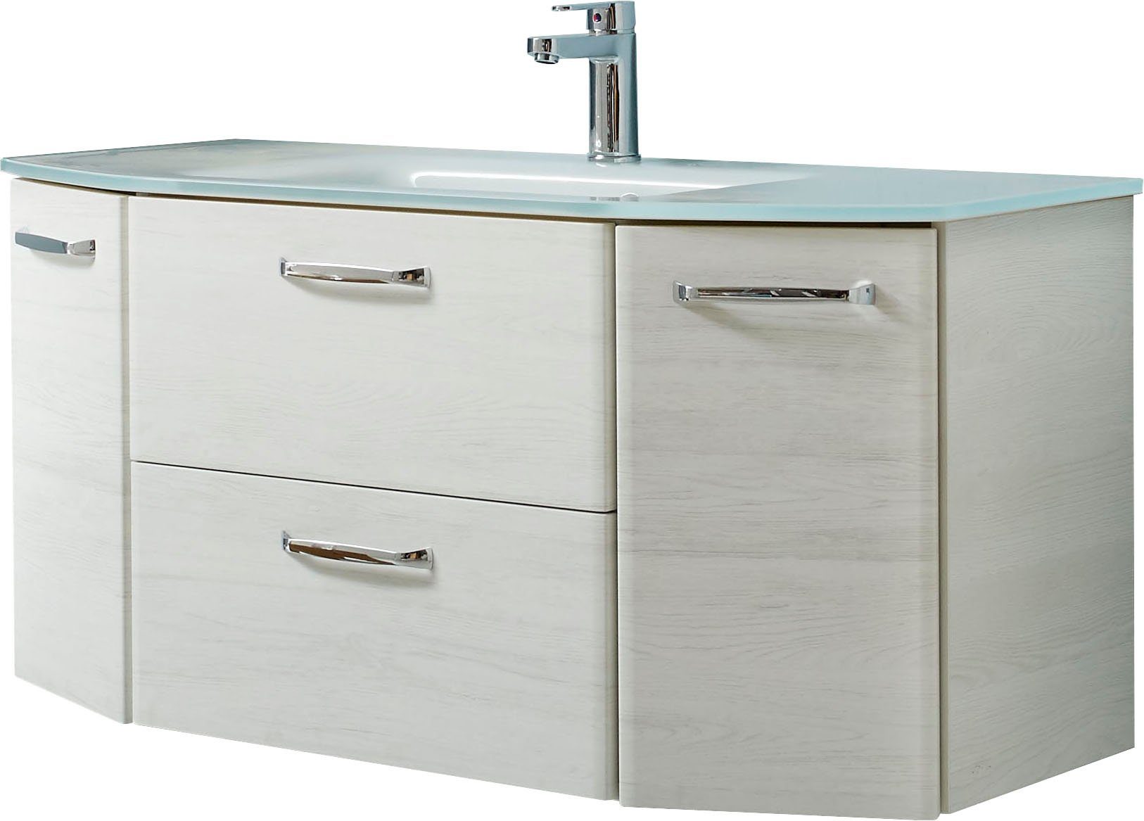 Saphir Quickset vanity unit including glass washbasin, 112 cm wide, 2 doors, base cabinet with sink, including door dampers, chrome handles