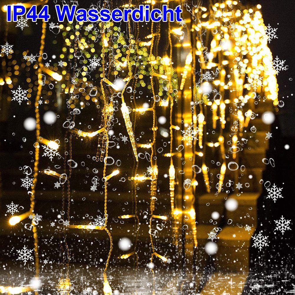 anschließbar LED-Lichtervorhang Warmweiß für Traufe Weihnachtsdeko, Eiszapfen-Anhänger, Rosnek 8 Modi, wasserdicht, Memory-Funktion;