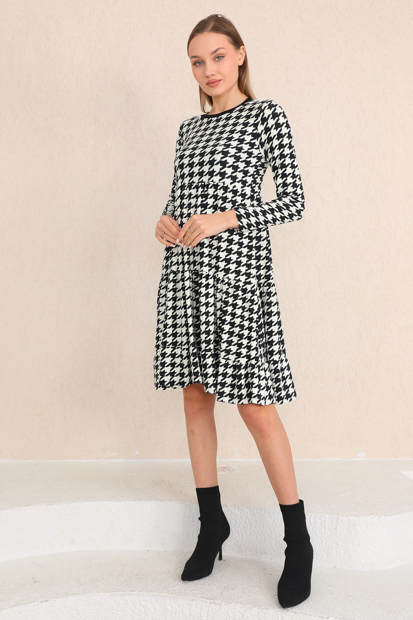 Bongual A-Linien-Kleid Midikleid Stufenkleid Hahnentrittmuster samtweich günstig online kaufen