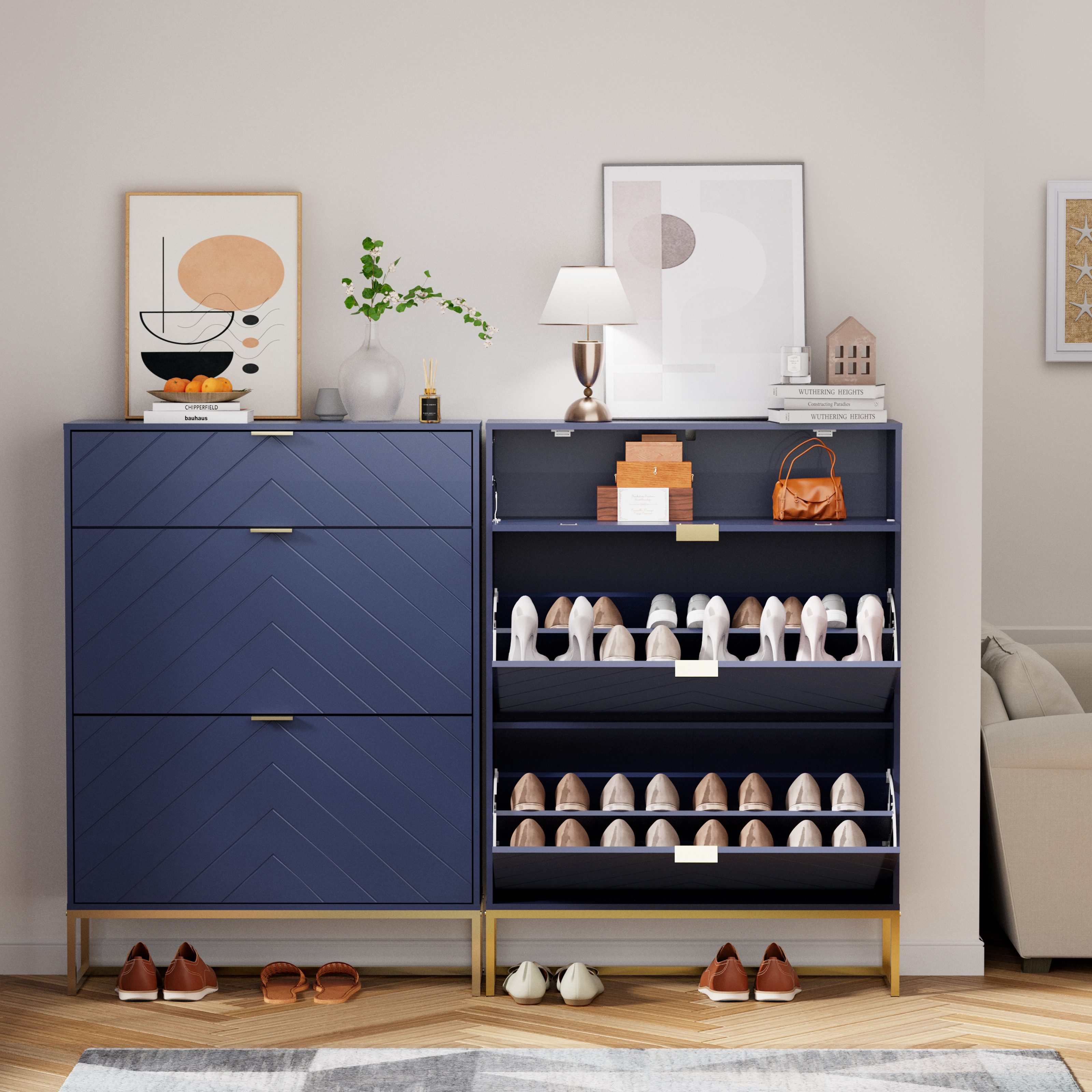 UEV Schuhschrank mit 3 Klappen schmal Schuhablage (Modern Schuhkommode im Flur Diele,80x24x122cm) Platzsparend, mit Kippschutz/Trennwand verstellbar