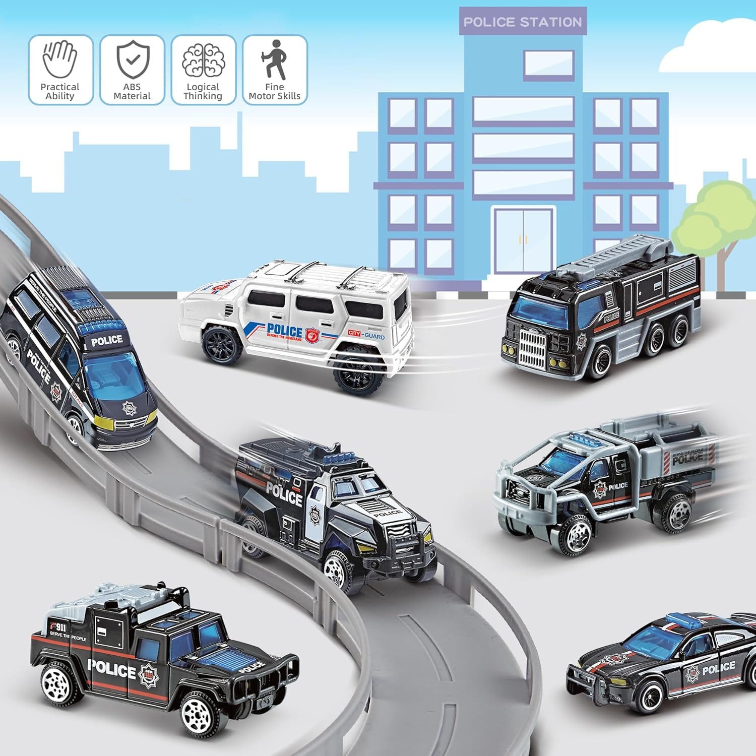 LaCute Autorennbahn Elektrische Autorennbahn mit Spielzeugzug und 4 Fahrzeugen für Kinder, (Rennbahn Set Kinder mit Fahrzeugen für Spielspaß, 38-tlg., Elektrische Rennbahn Set mit 7 Verschiedenen Polizei Fahrzeugen), Motorbetrieb, Bewegungsfunktion, kindgerecht, robust