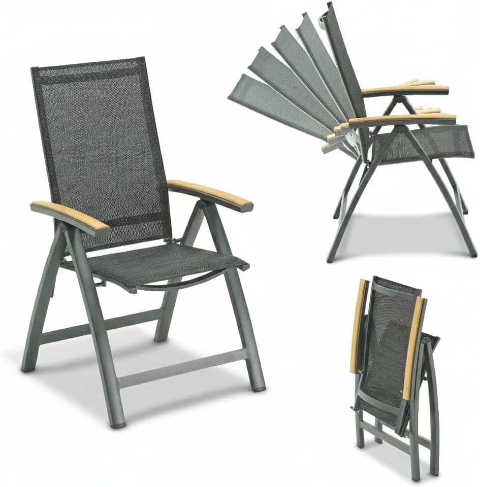 Liadomo Gartenstuhl Ricadi, klappbarer Hochlehner, Gartensessel zum Verstellen (stabiler Multipositionssessel), Klappsessel, verstellbare Rückenlehne, Aluminium, Textilgewebe