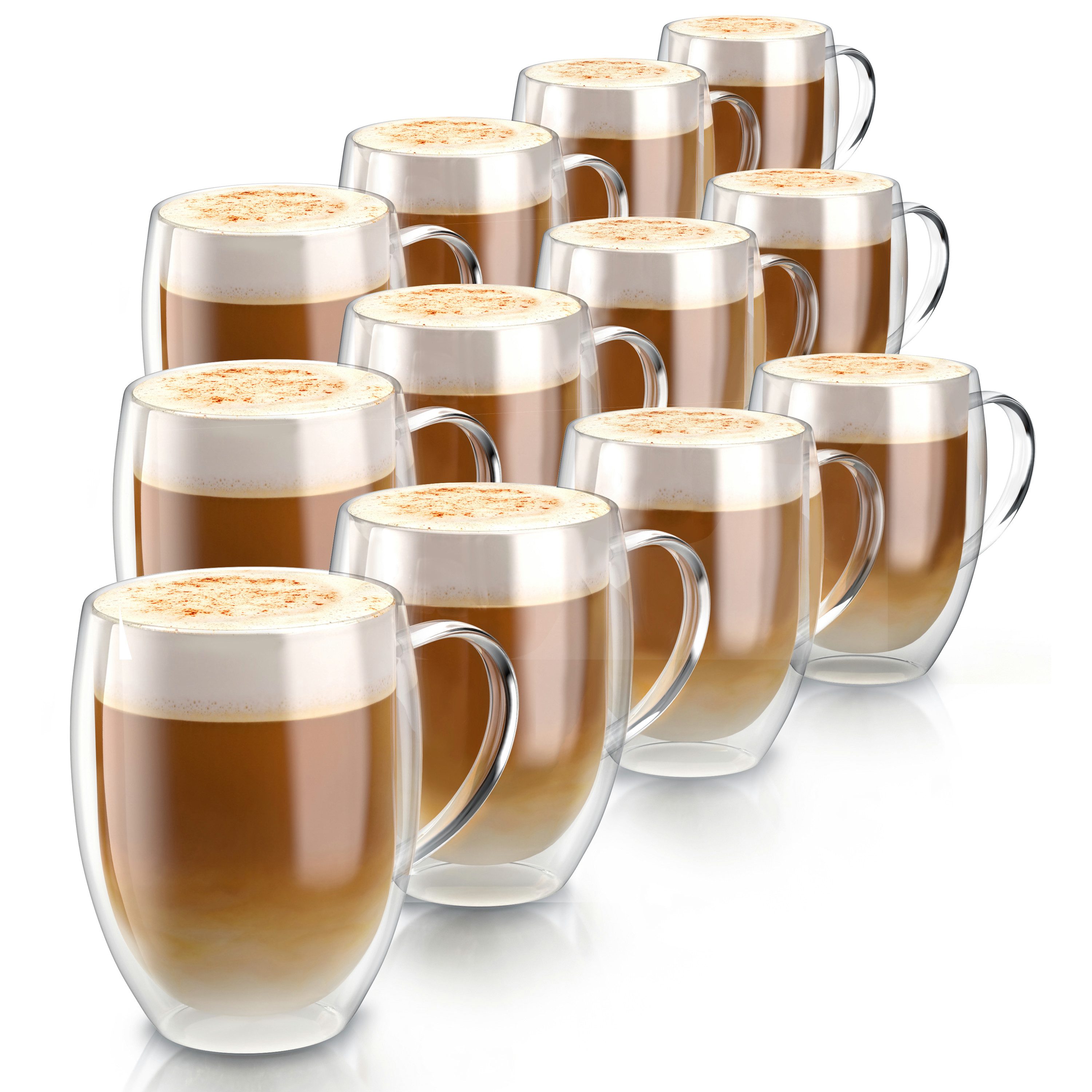 Arendo Gläser-Set doppelwandige Thermogläser, 350 ml Kaffeetasse, Trinkglas ohne Henkel, 12-tlg., Glas, für Latte Macchiato, Cappuccino, Tee, hitzebeständig spülmaschinenfest