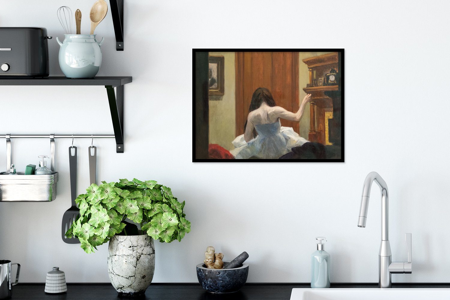 Hopper, Poster, Rahmen, Kunstdruck, Edward St), MuchoWow - Yorker Gerahmtes Poster (1 Schwarzem New mit Bilderrahmen Innenraum