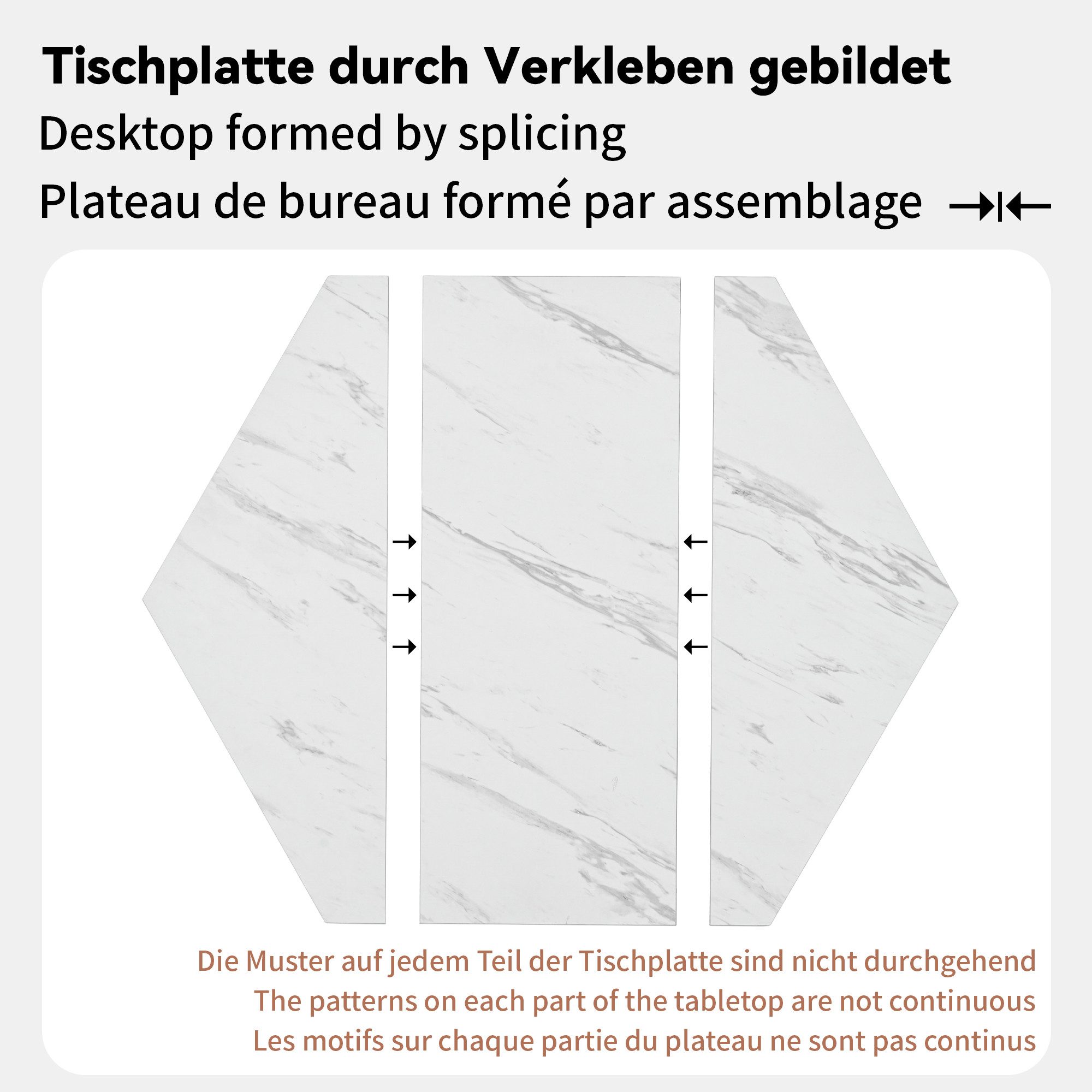 Flieks Esstisch sechseckiger Küchentisch (115,5x100x75 cm, 1-St., 1 Tisch), Schreibtisch mit weiße Marmoroptik und schwarzes Metallzweiggestell – Bild 4 von 5