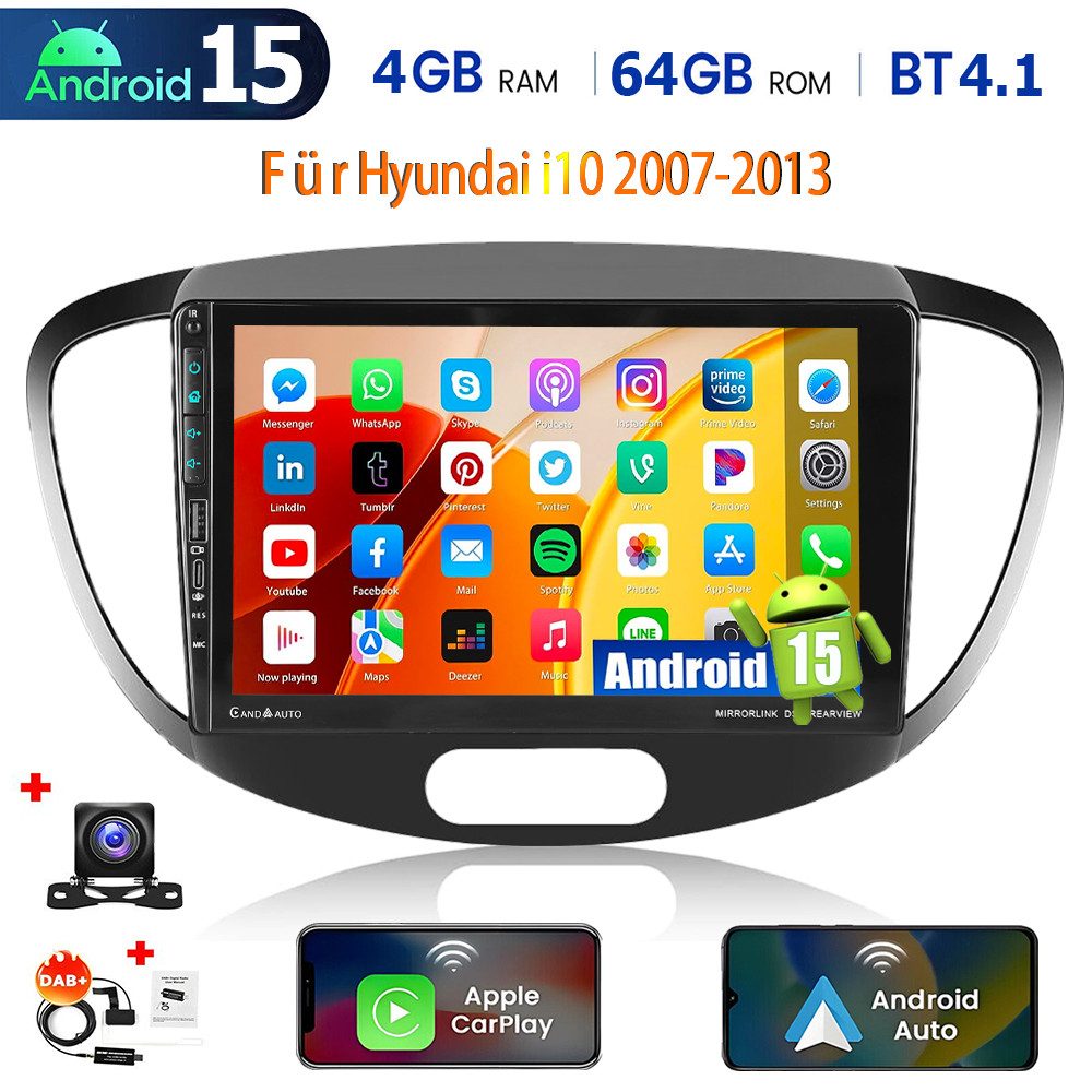 ESSGOO Autoradio Android 15 Für Hyundai i10 2007-2013 Carplay mit USB Type-C Autoradio (RDS, 4+64GB(optional), Digitalradio (DAB), FM, AM, Carplay Android Auto Bluetooth EQ USB GPS Navi WIFI Touchscreen)