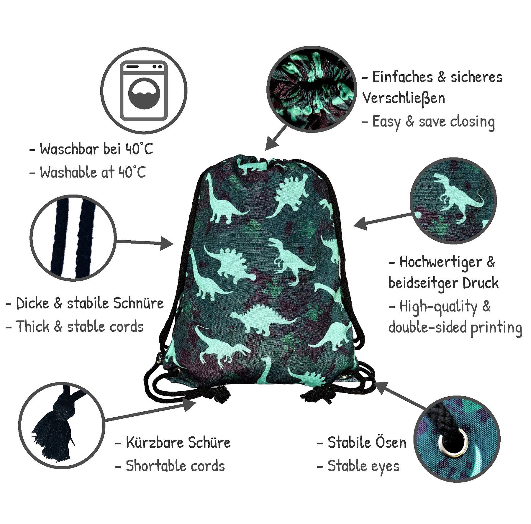 HECKBO Turnbeutel Turnbeutel Mädchen Junge - Dino Dinosaurier Motiv - 40x32cm - Kindergarten, Kita, Krippe - Rucksack, Beutel, Sporttasche, Sportbeutel, Kindergartenrucksack, Kinderrucksack, Stoffbeutel