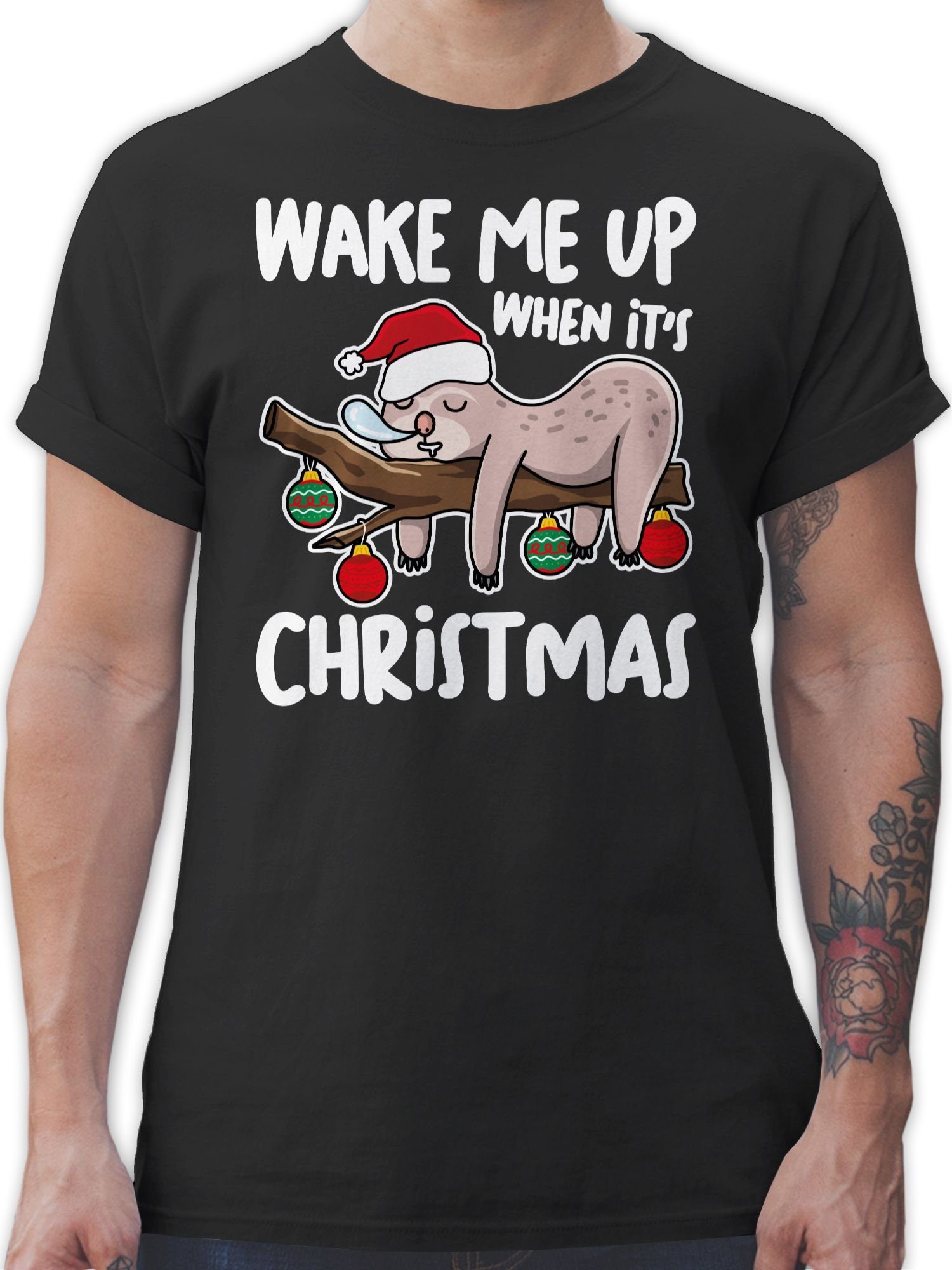 T-Shirt Schwarz christmas up Wake when Shirtracer weiß - Weihachten 01 me it's Kleidung