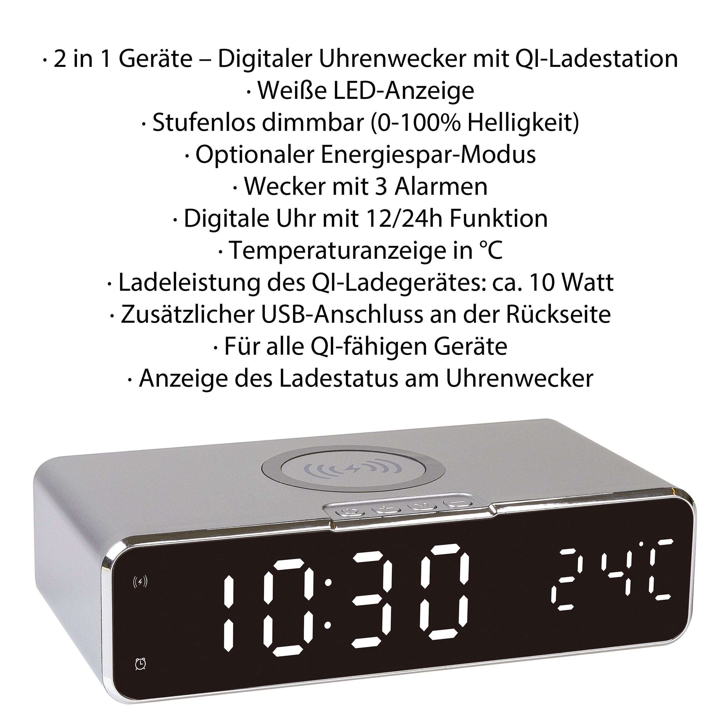 Digital Wecker mit QI Ladestation kabelloses laden Uhrenwecker Uhr Tischuhr 