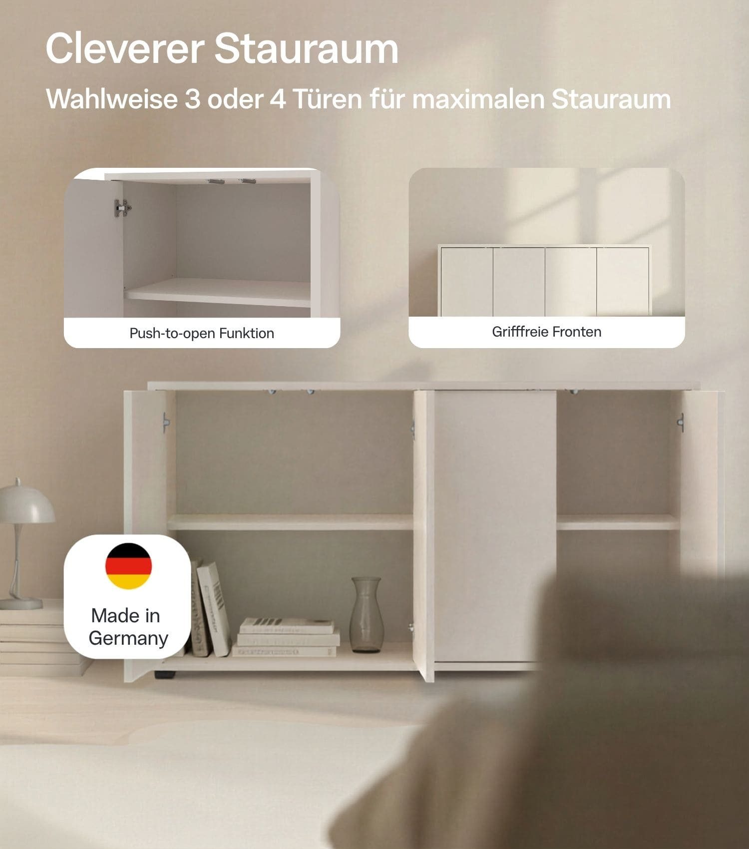 mokebo Sideboard 'Horizon' Holz Kommode Push-to-Open Türen Schrank (73x136 cm, mit Einlegeböden), Made in Germany, Kommode Beige, Beistellschrank, Anrichte in K – Bild 3 von 5