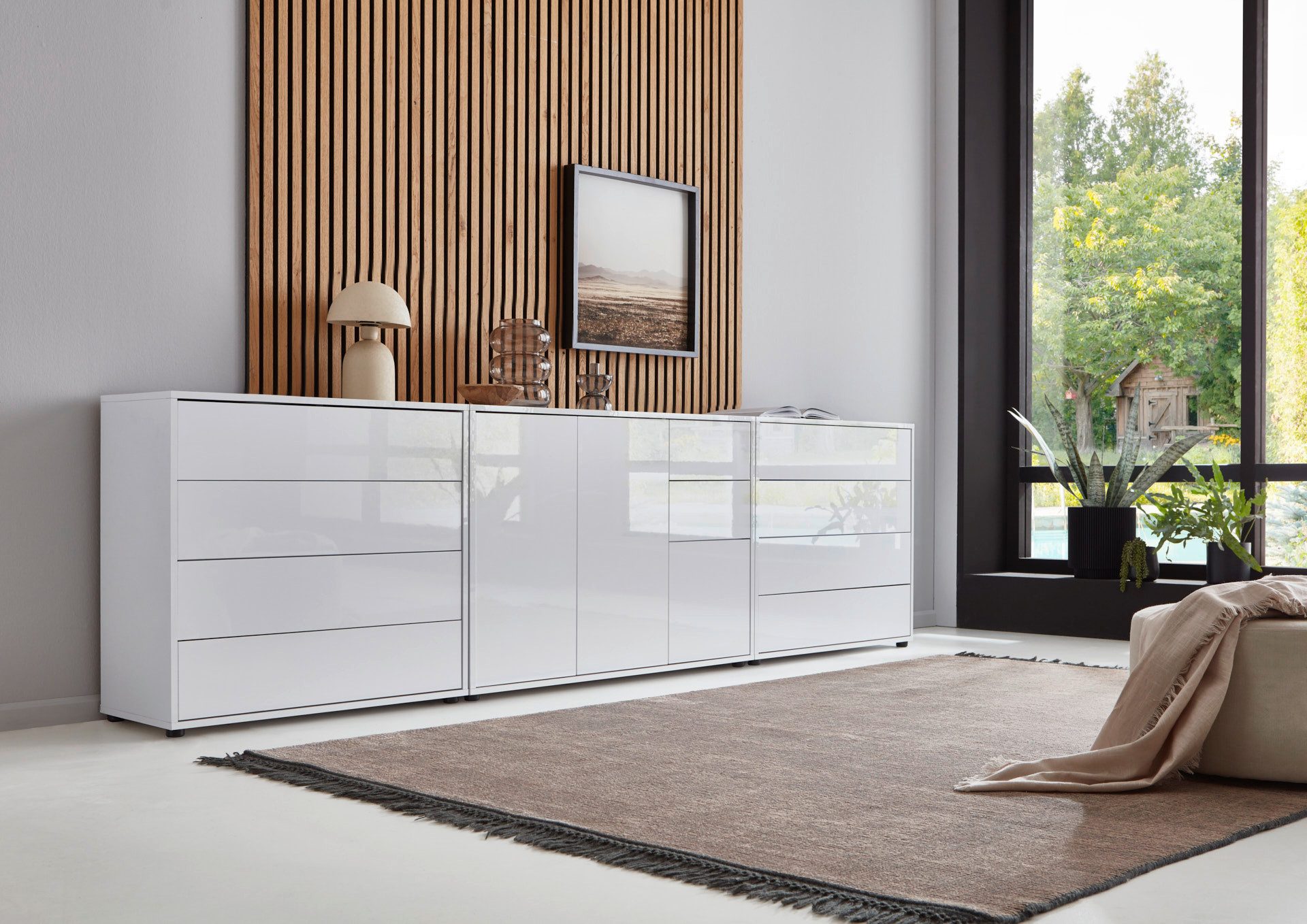 BMG Möbel Kommode Sideboard Mailand Set 8 in verschiedenen Ausführungen (3tlg), mit weiß lackierten Hochglanzfronten und Push-to-open-Funktion