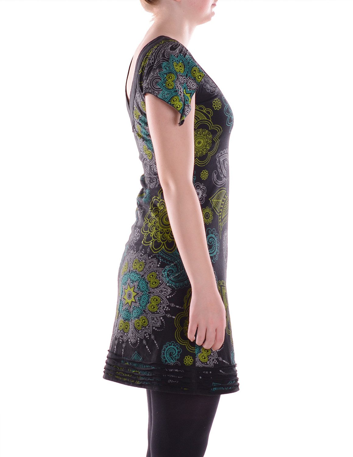 Vishes Minikleid Damen Mini-Kleid Baumwolle bedruckt V-Ausschnitt mit Cutwork am Saum Alternative Bekleidung, Ethno, Hippie, Retro Style