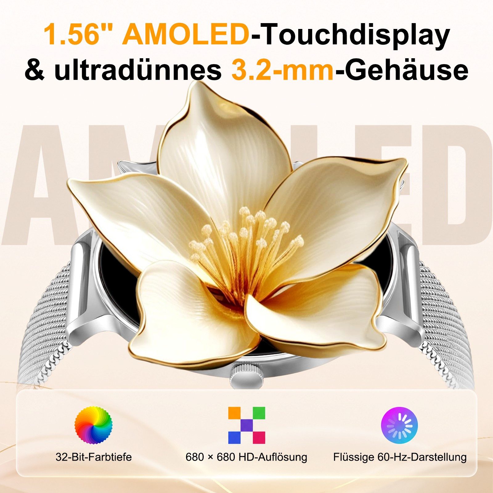 SWGOTA 2026 Smartwatch Damen Ultradünn mit 1,56" AMOLED und 20 Tage Akku Smartwatch IP68+5ATM Fitnessuhr mit 150+ Sportmodi und Bluetooth-Anruf, sowie SpO2-, WhatsApp Benachrichtigungen, Herzfrequenz-, Blutdruck- und Schlafüberwachung für Android und iOS