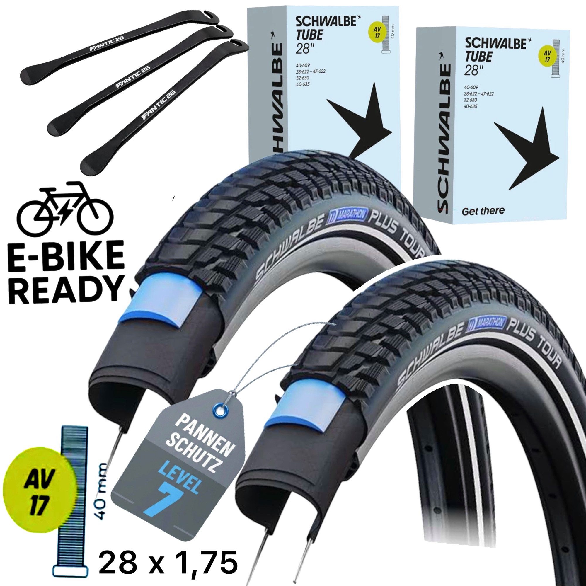 Schwalbe Fahrradschlauch 2x Schwalbe Marathon Plus TOUR 28" x 1,75" Reifen, Schläuche AV17 Set