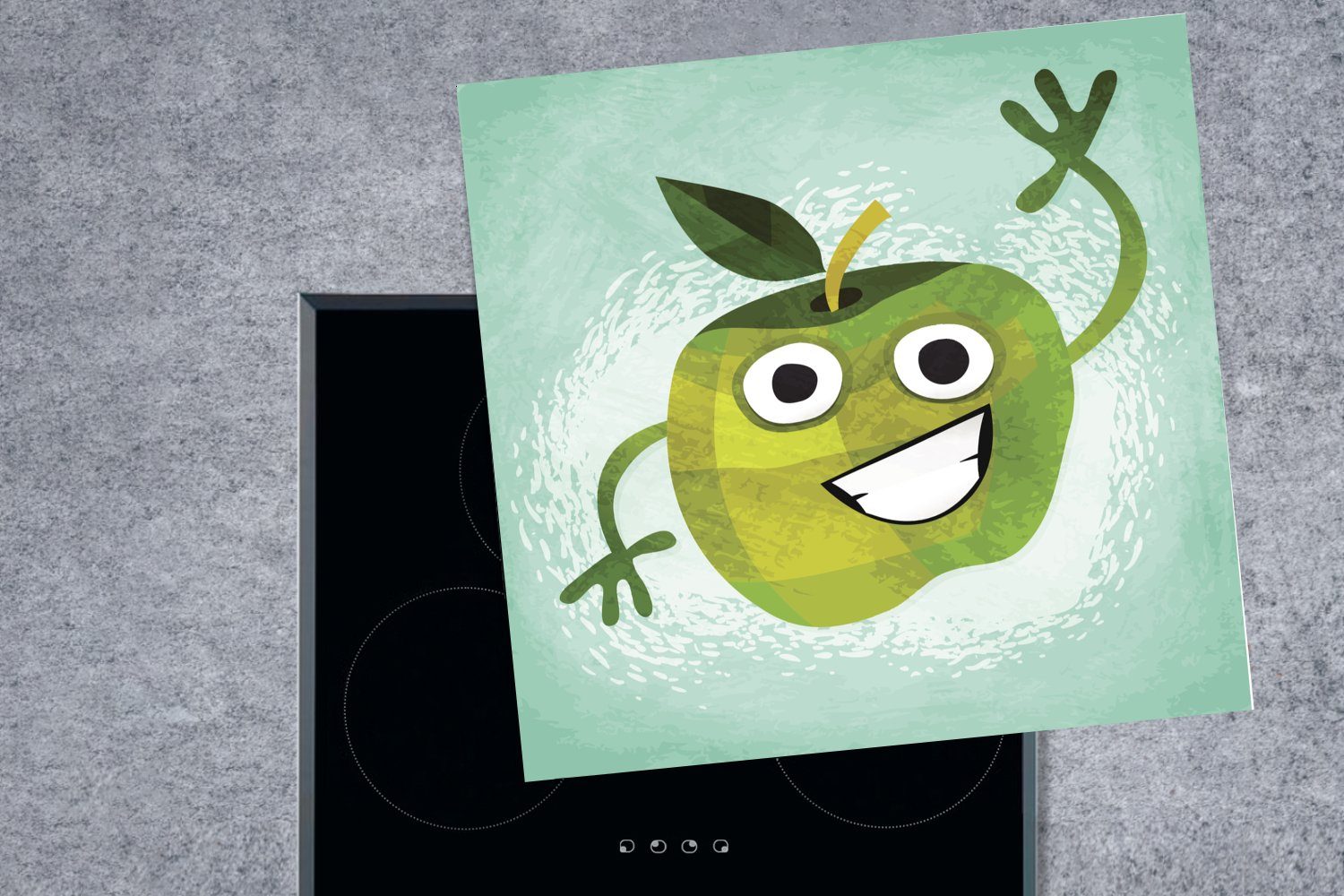 MuchoWow Herdblende-/Abdeckplatte (1 Illustration Vinyl, 78x78 glücklichen Apfels, tlg), eines Ceranfeldabdeckung, cm, Arbeitsplatte küche für