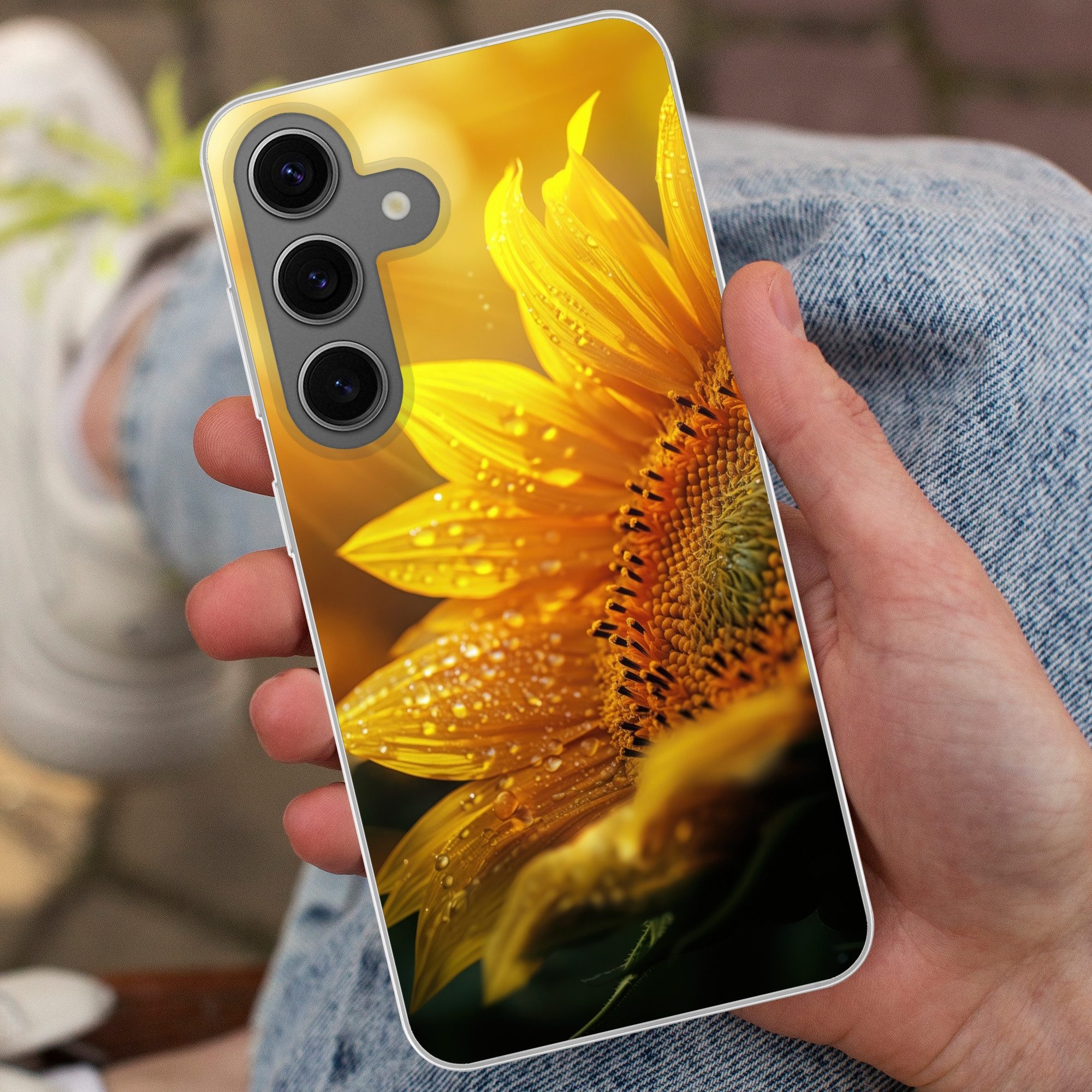 MuchoWow Handyhülle für Samsung Galaxy S24 Sonnenblume - Tautropfen - Gelb - Sonnenlicht, Phone Case, Silikon, Schutzhülle Dünn