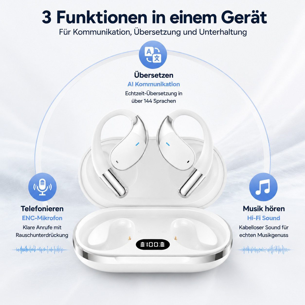Fyrove KI-Übersetzer Bluetooth Kopfhörer mit Ohrbügel Open-Ear-Kopfhörer (Bluetooth 5.4 Sportkopfhörer, ENC Mikrofon, 3-in-1 für Übersetzen, Telefonieren & Musi – Bild 3 von 5