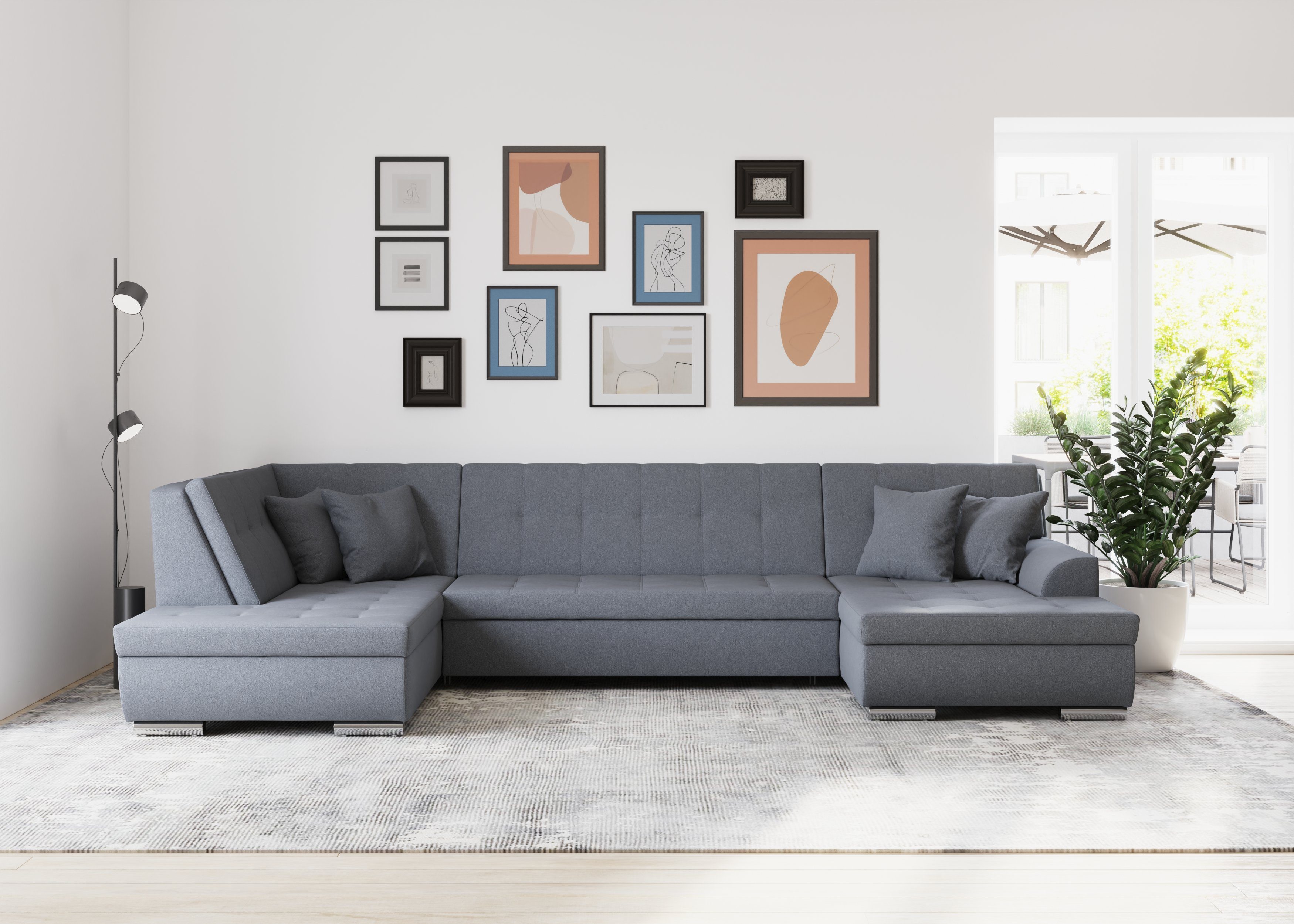 DOMO collection Wohnlandschaft Treviso incl. Zierkissen, moderne Steppung, XXL: B/T/H: 364/201/83 cm, wahlweise mit Bettfunktion, in vielen Bezugsarten auch in Cord U-Form