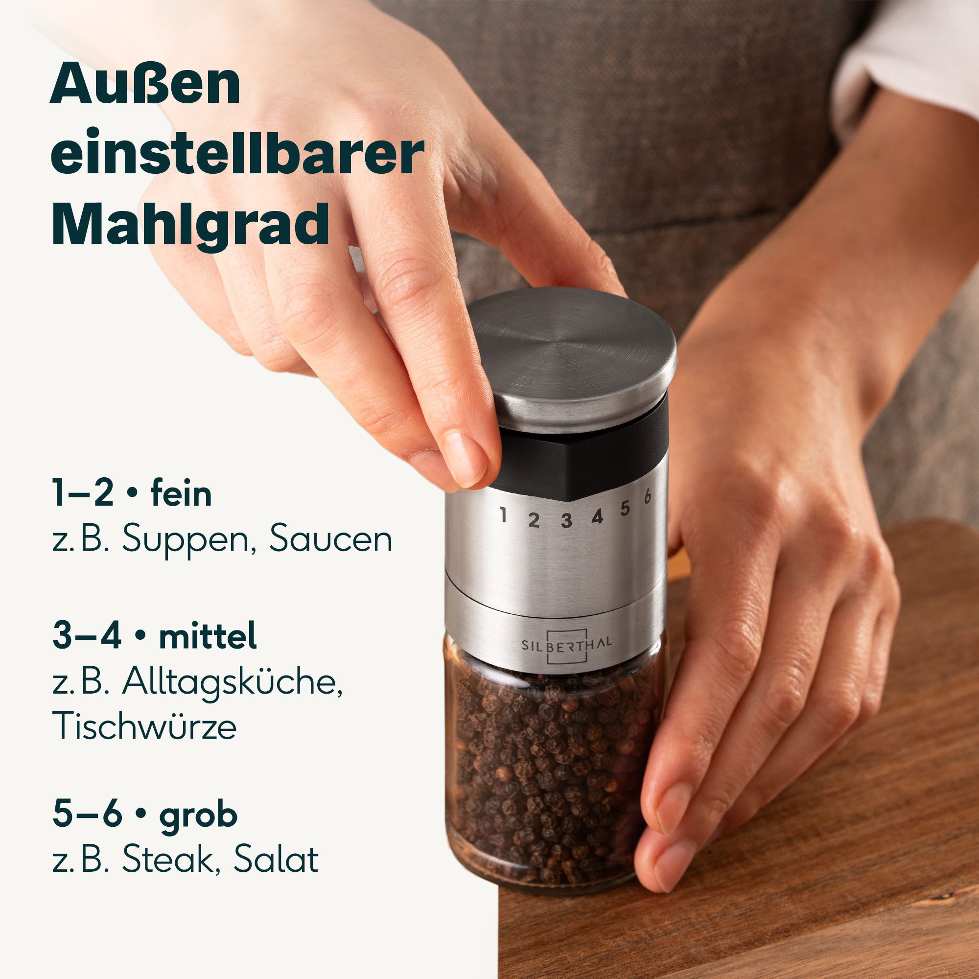 SILBERTHAL Salzmühle und Pfeffermühle - Gewürzmühle, (1 Stück), Salatsaucen Behälter mit integrierter Skala, perfekt zum Mitnehmen