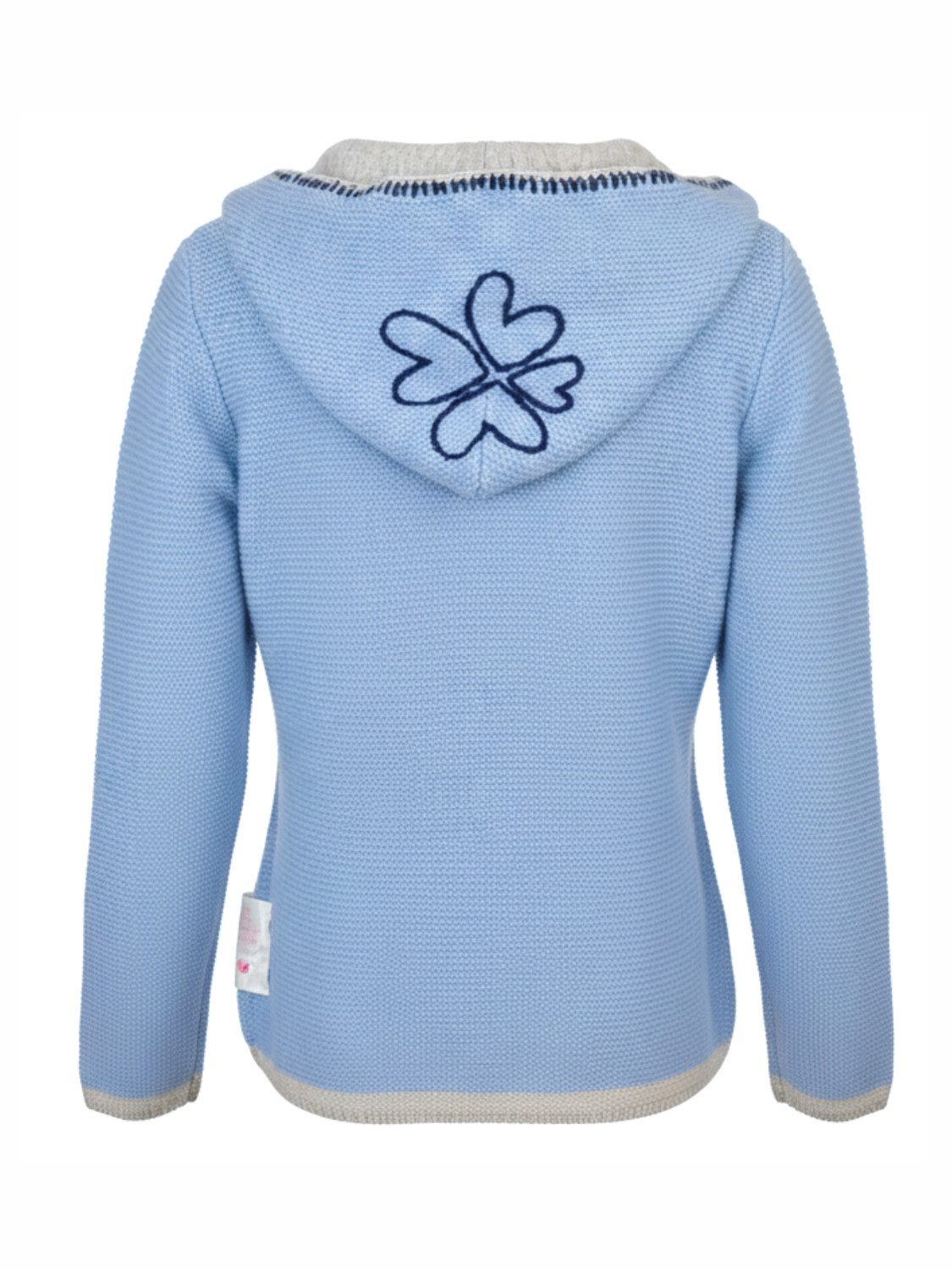 LIKS. Munich Trachtenstrickjacke TeresaC mit Kapuze, Knopfleiste & Herzblumenstickerei