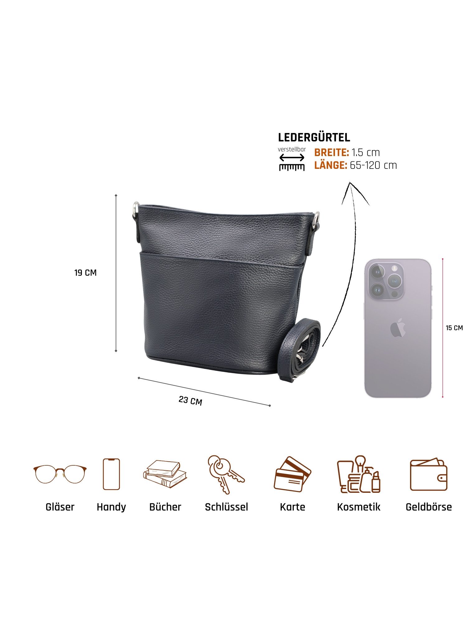 Adel Bags Schultertasche LINA Umhängetasche für Damen, Schultertasche Echtleder Gürteltasche