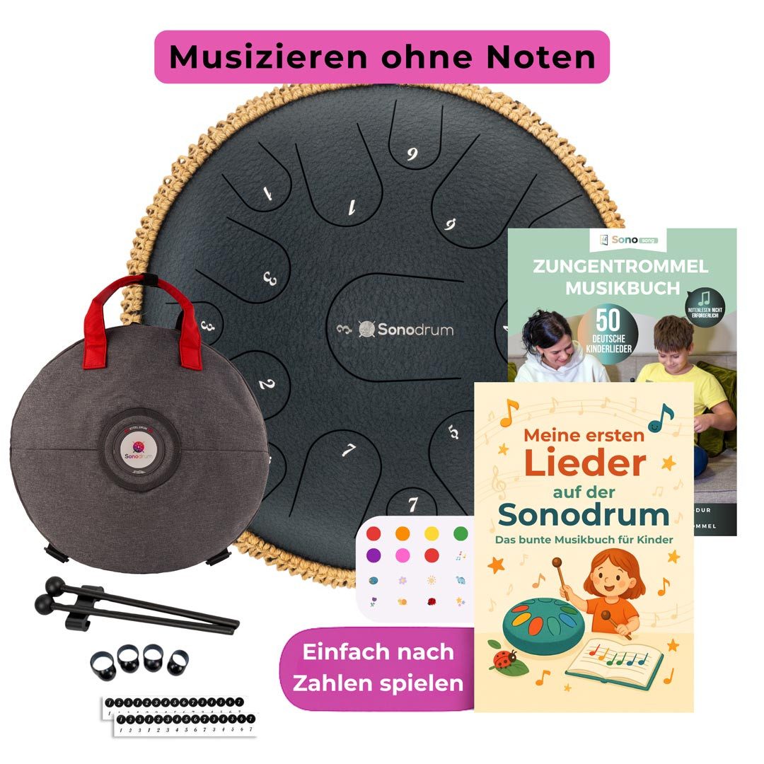 Sonodrum Steel Tongue Drum Premium, Kinder Starter-Set,Kinder Starter-Set, inkl. 2 Kinder-Liederbücher, Bunte Sticker und Tragetasche