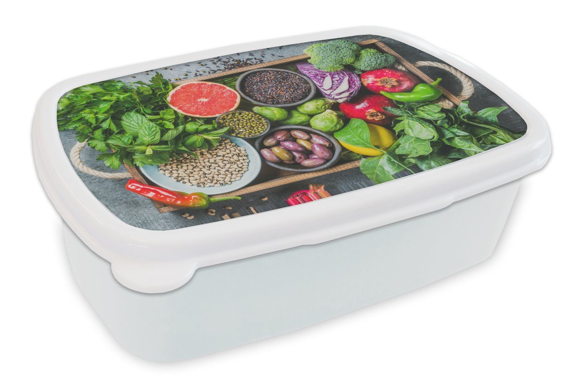 MuchoWow Lunchbox und und - (2-tlg), Gesund, für - Jungs Obst weiß Kunststoff, Erwachsene, Box Brotdose, für Kinder Mädchen Brotbox