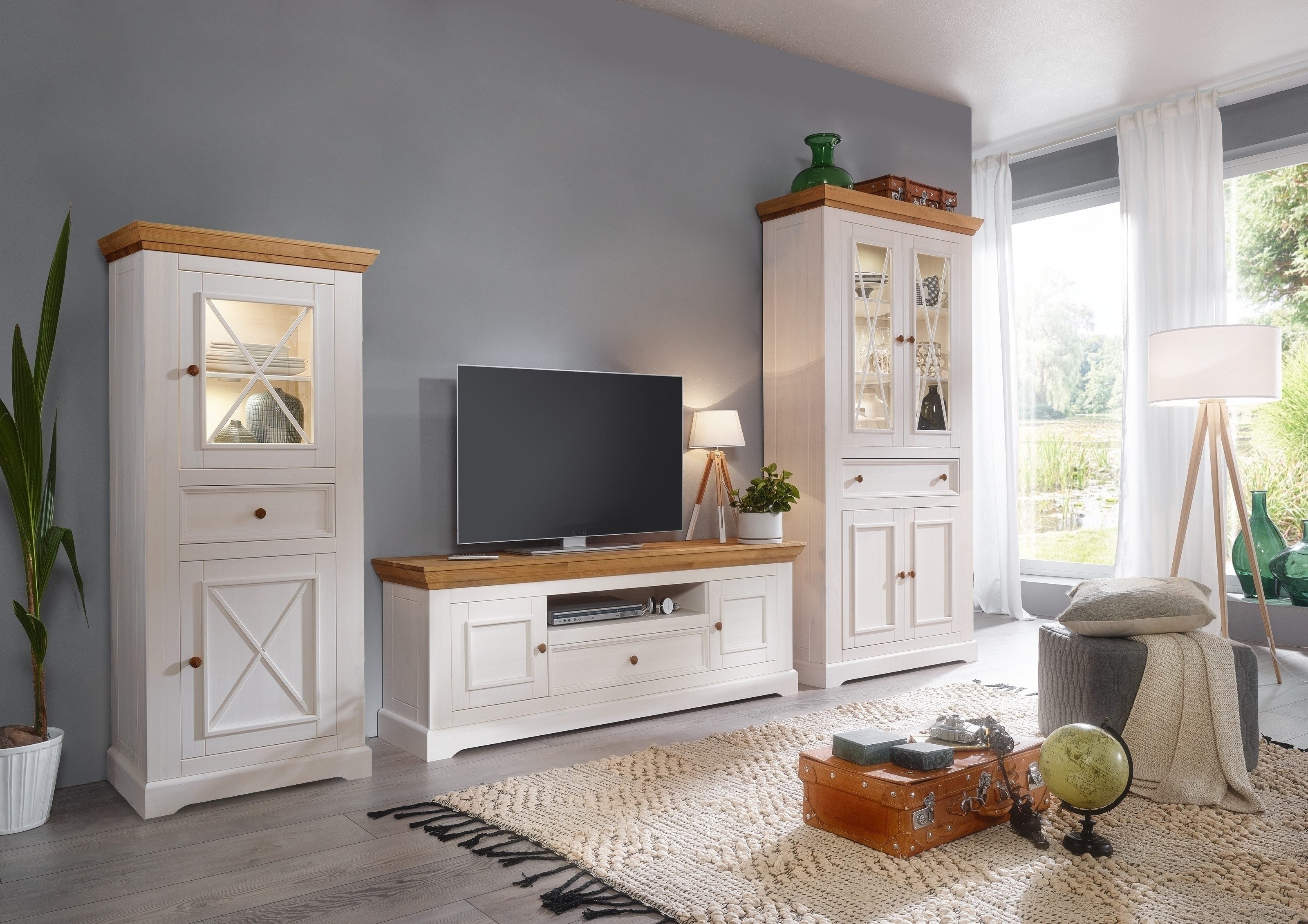 Lebenswert Wohnwand WZ-0133, (3-teilig), (3-teilig) weiss / eichefarbig - 377x214x42 (BxHxT)