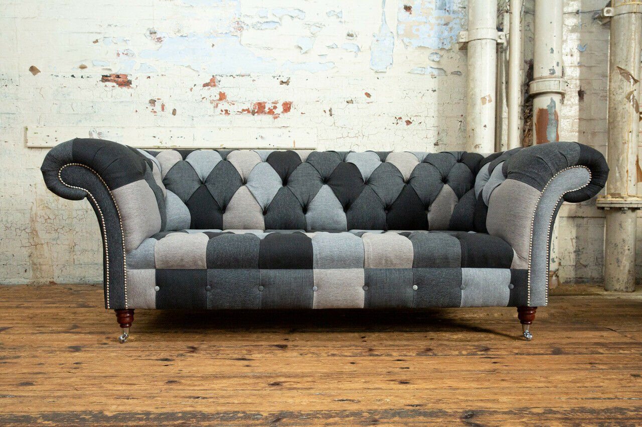 JVmoebel Chesterfield-Sofa Sofa 3 Sitzer Couch design Chesterfield Sitz Textil Polster Neu, Die Rückenlehne mit Knöpfen.