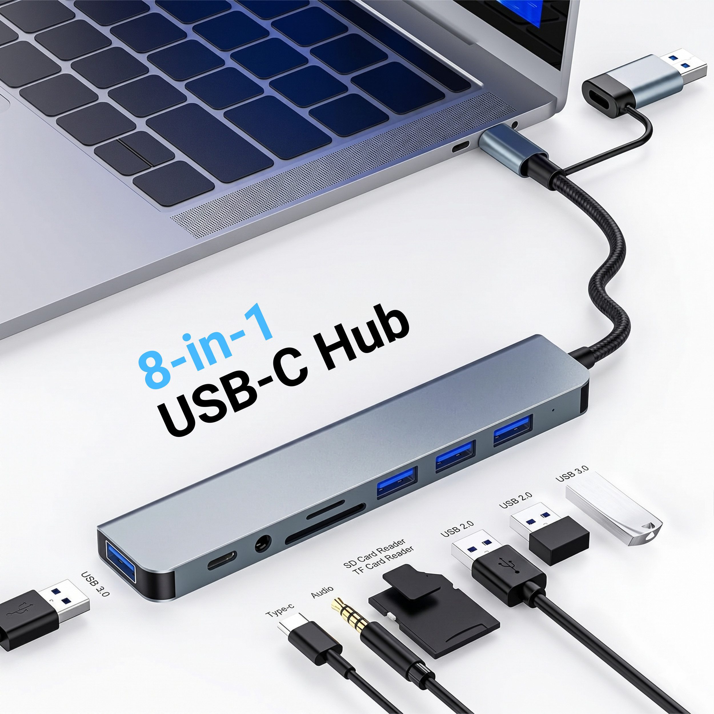 PlugUp Laptop-Dockingstation USB-C Multiport 8 in 1 Adapter USB-C USB 3.1 microSD & SD-Slot AUX, Universell kompatibel mit macOS, Windows, Linux