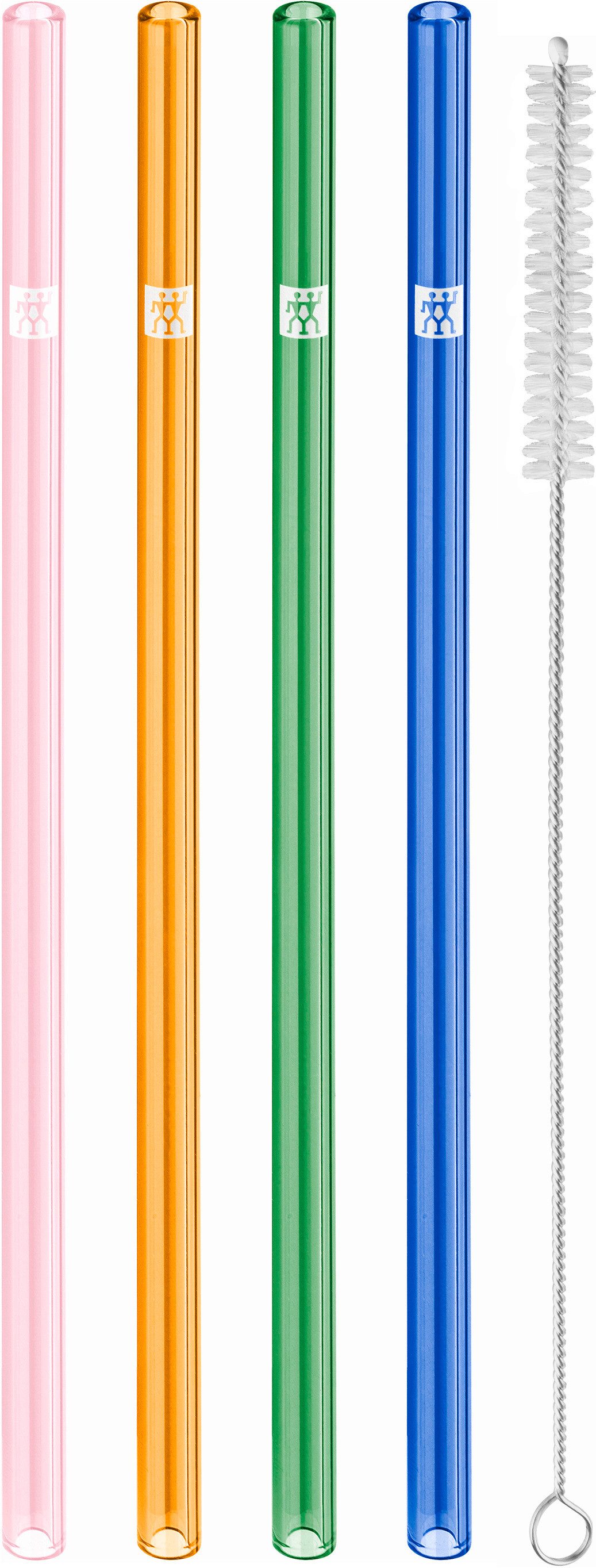 Zwilling Trinkhalme Sorrento, (Set, 5-tlg., 4 Glasstrohhalme und 1 Reinigungsbürste), Vier Glasstrohhalme, Borosilikatglas, gemischte Farben, gerade