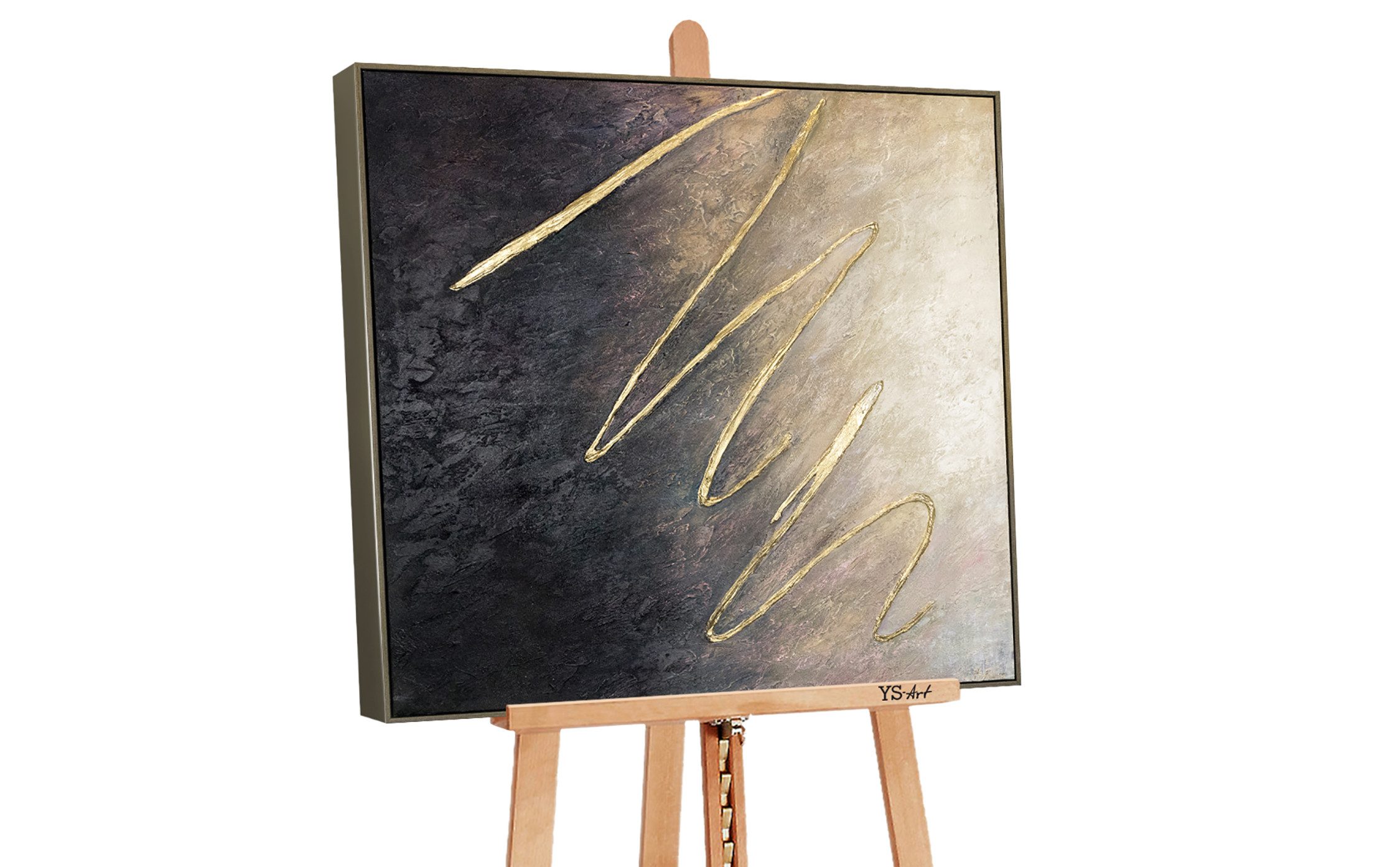 YS-Art Gemälde Zwischen den Sternen, Leinwand Bild Handgemalt Abstrakt Gold Quadratisch mit Rahmen