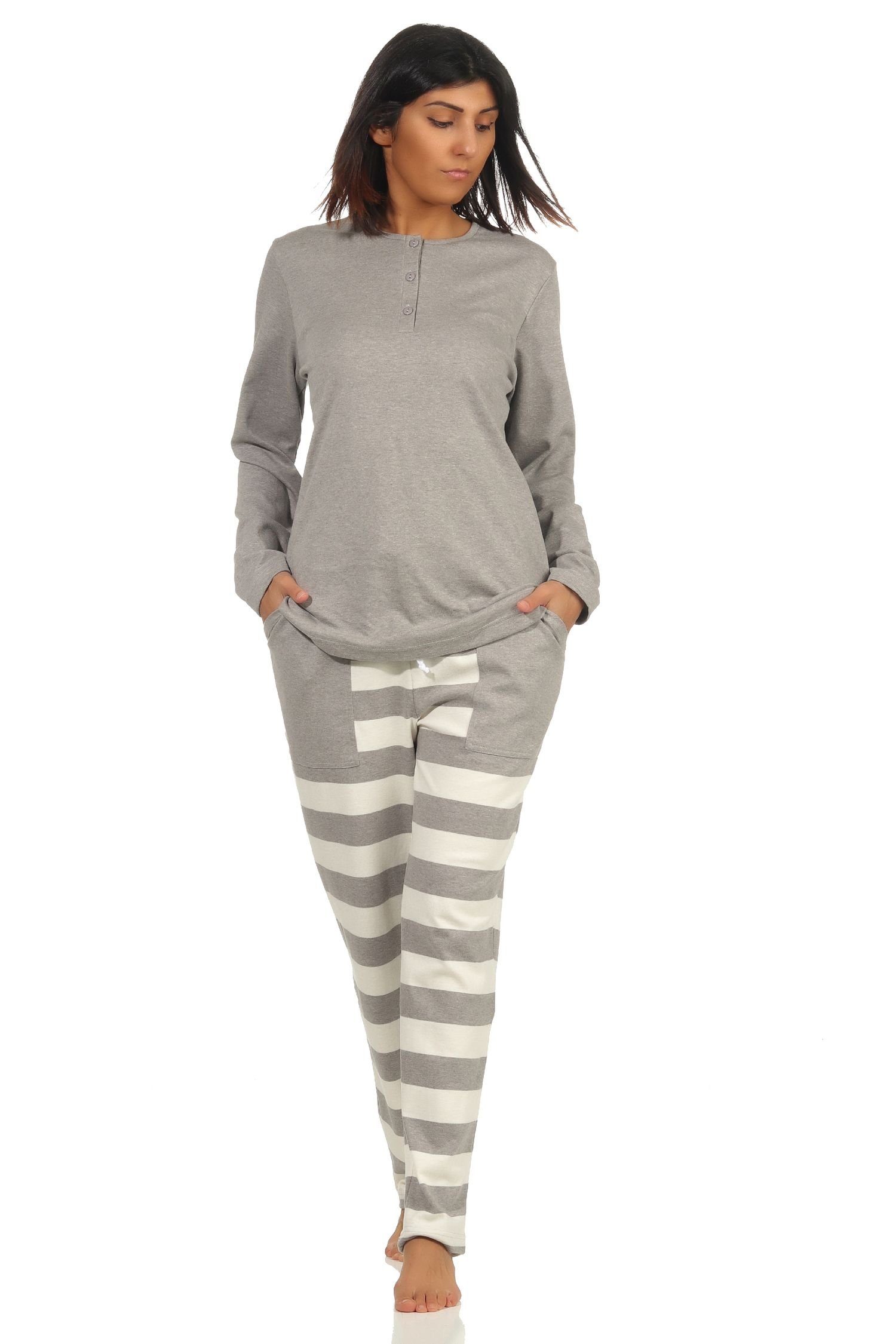 Normann Pyjama Damen Schlafanzug mit in Kuschel Qualität grau-melange Hose gestreifter Interlock