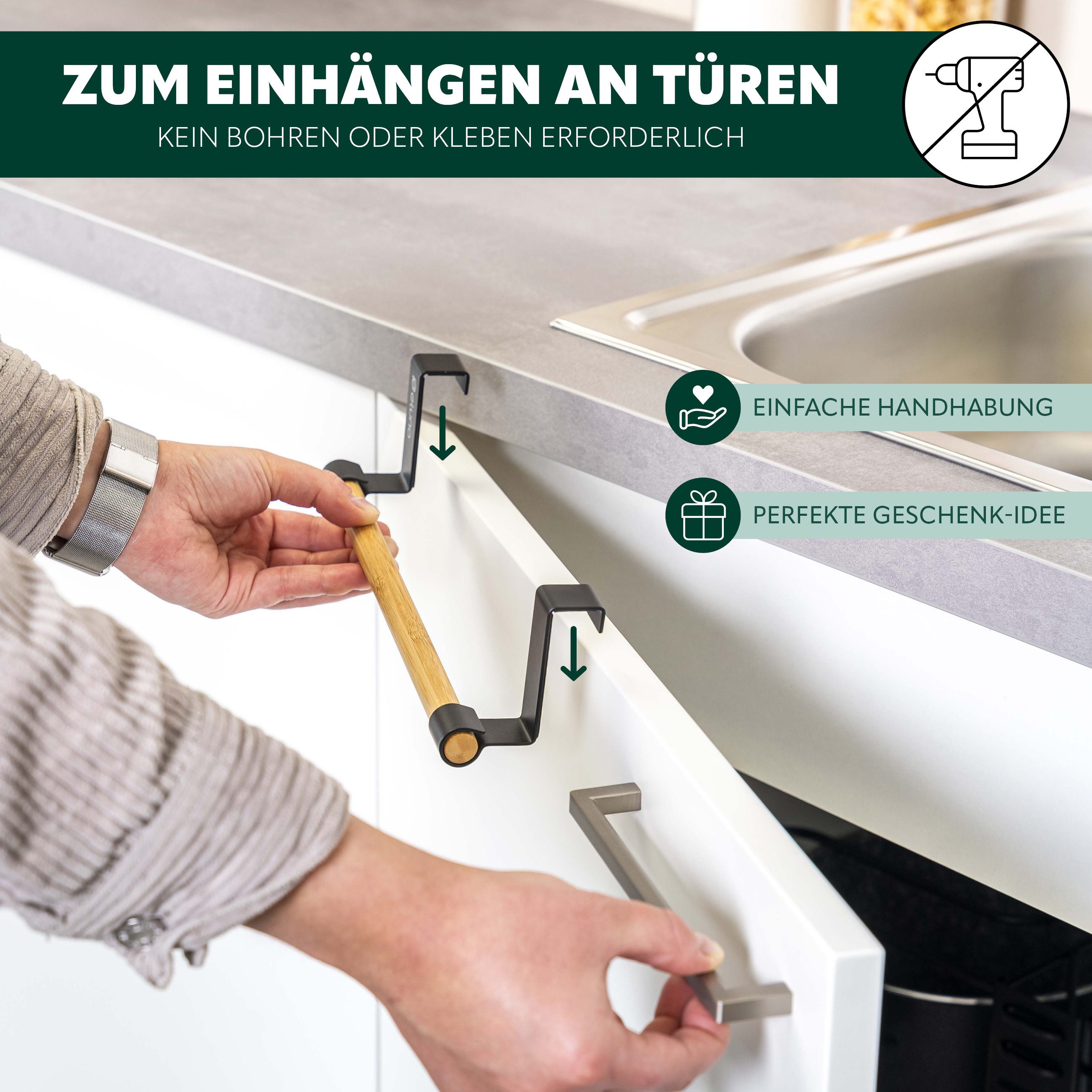 eluno Spültuchhalter Geschirrhandtuchhalter mit Bambus ohne Bohren zum Einhängen