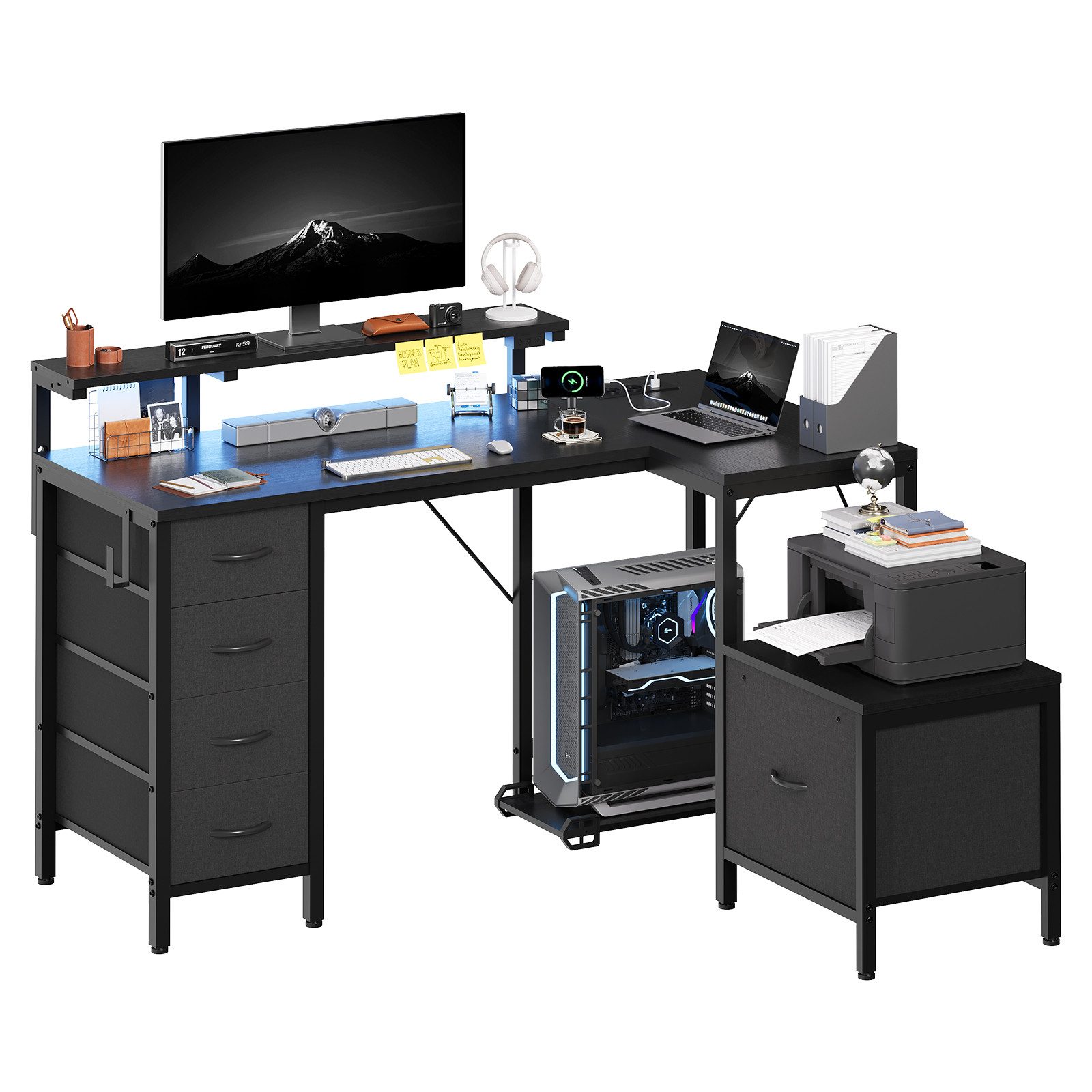 HOMALL Schreibtisch Gaming-Schreibtisch mit Stauraum, USB-Anschlüssen und LED-Beleuchtung (Monitorarm höhenverstellbar von 12 bis 27 cm, mit 5 mit Stoff ausgekleideten Schubladen, Montageoption links/rechts, Platz für Drucker)