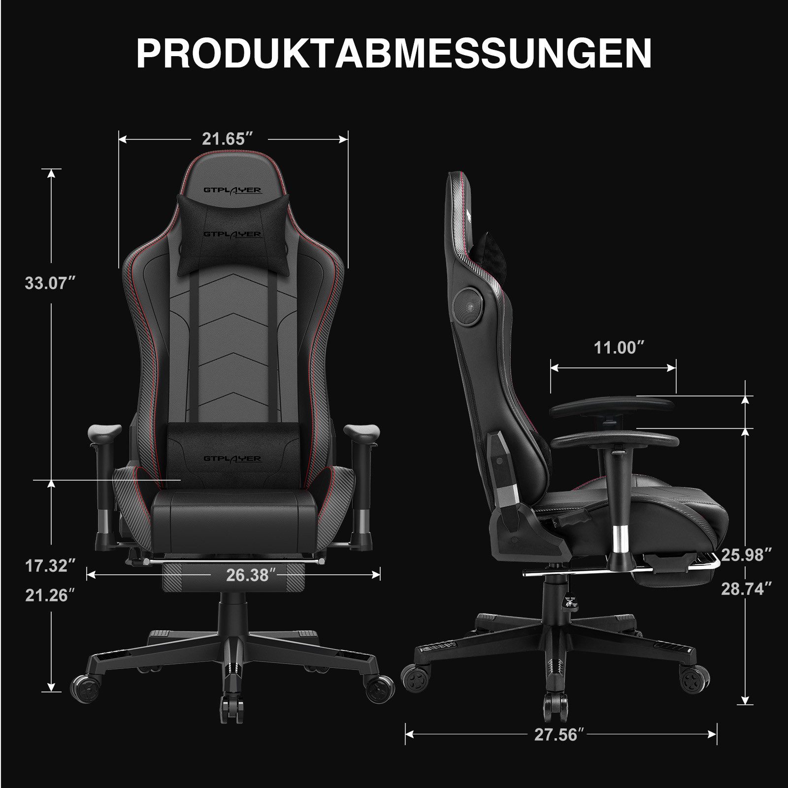 GTPLAYER Gaming-Stuhl Bürostuhl Gamer Stuhl mit Fußstützen Bluetooth Lautsprecher, Ergonomischer Musik Computerstuhl inkl. Lendenwirbel- und Nackenkissen